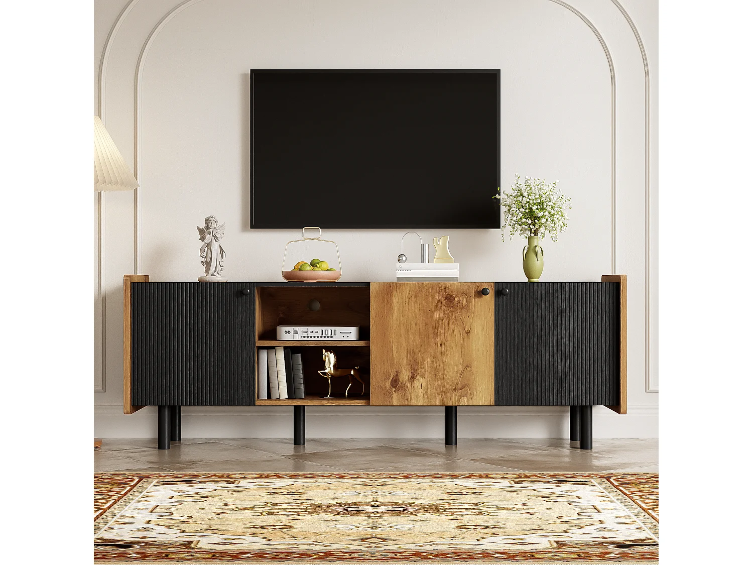 Meuble TV 160 cm avec 3 portes et 2 compartiments ouverts - Panneaux de particules et MDF - Style Moderne - Noir et bois