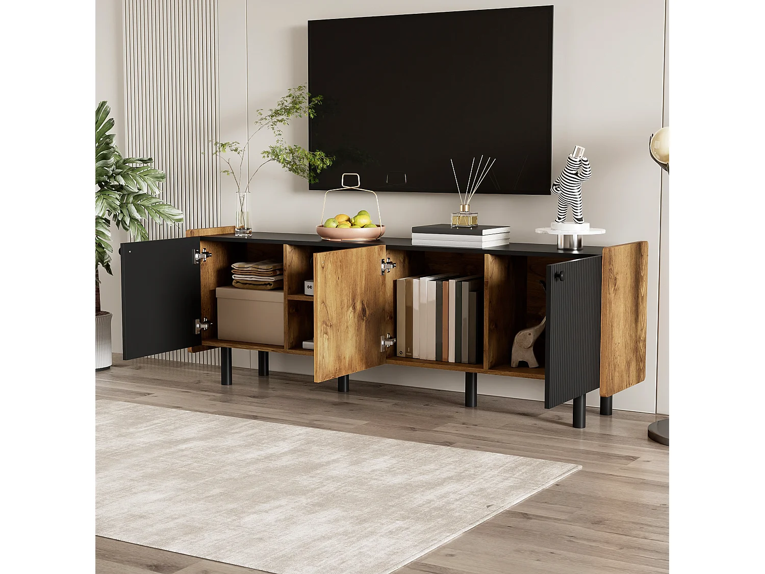 Meuble TV 160 cm avec 3 portes et 2 compartiments ouverts - Panneaux de particules et MDF - Style Moderne - Noir et bois