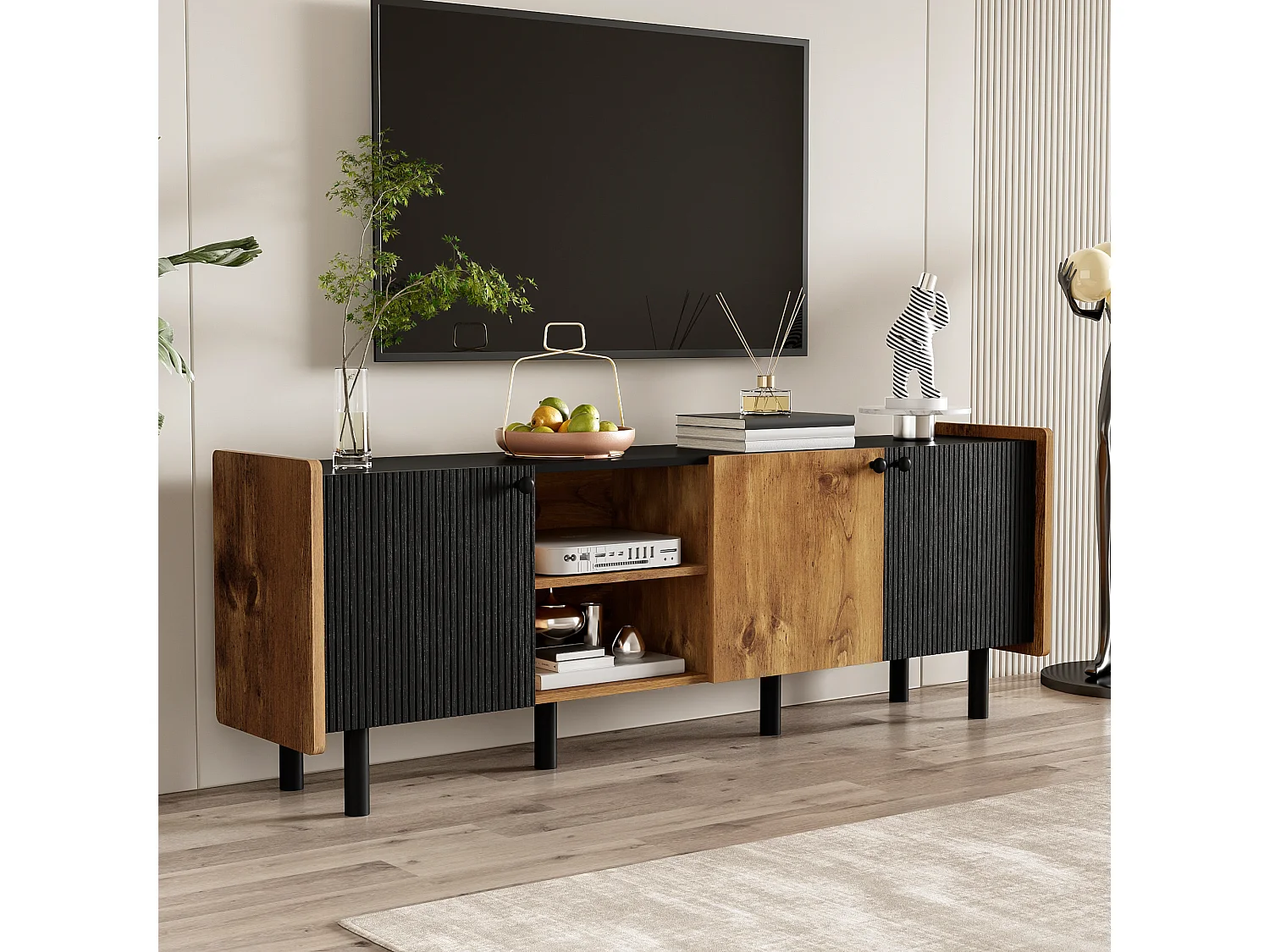 Meuble TV 160 cm avec 3 portes et 2 compartiments ouverts - Panneaux de particules et MDF - Style Moderne - Noir et bois