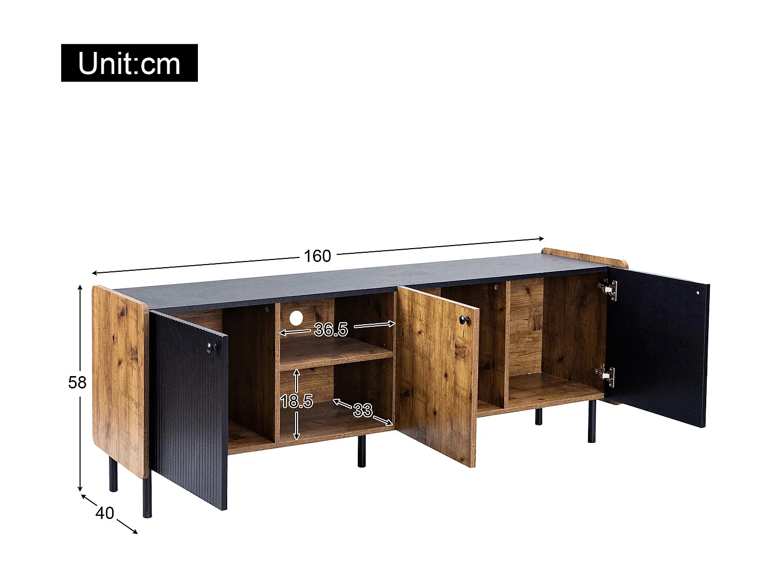 Meuble TV 160 cm avec 3 portes et 2 compartiments ouverts - Panneaux de particules et MDF - Style Moderne - Noir et bois