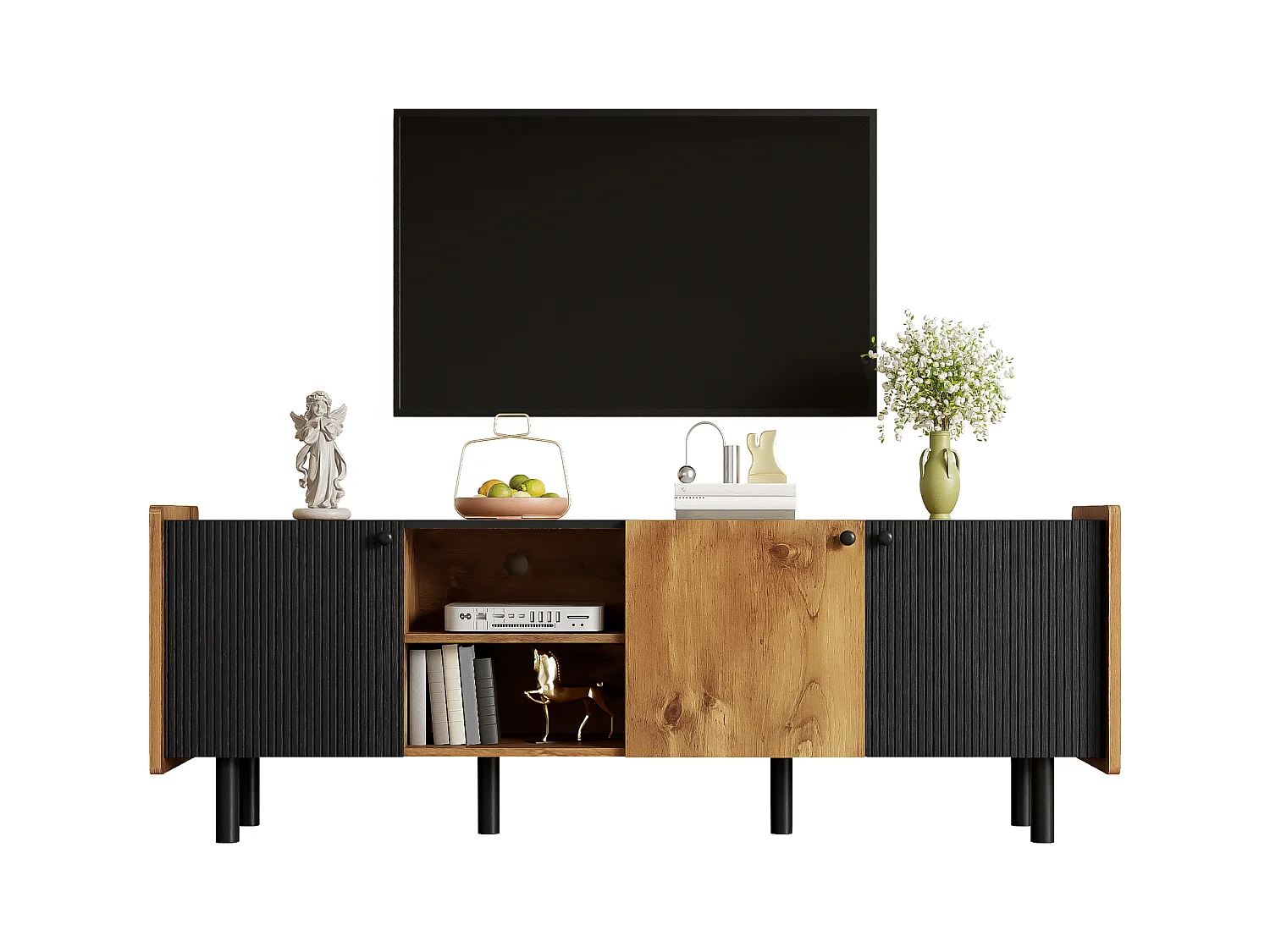 Meuble TV 160 cm avec 3 portes et 2 compartiments ouverts - Panneaux de particules et MDF - Style Moderne - Noir et bois