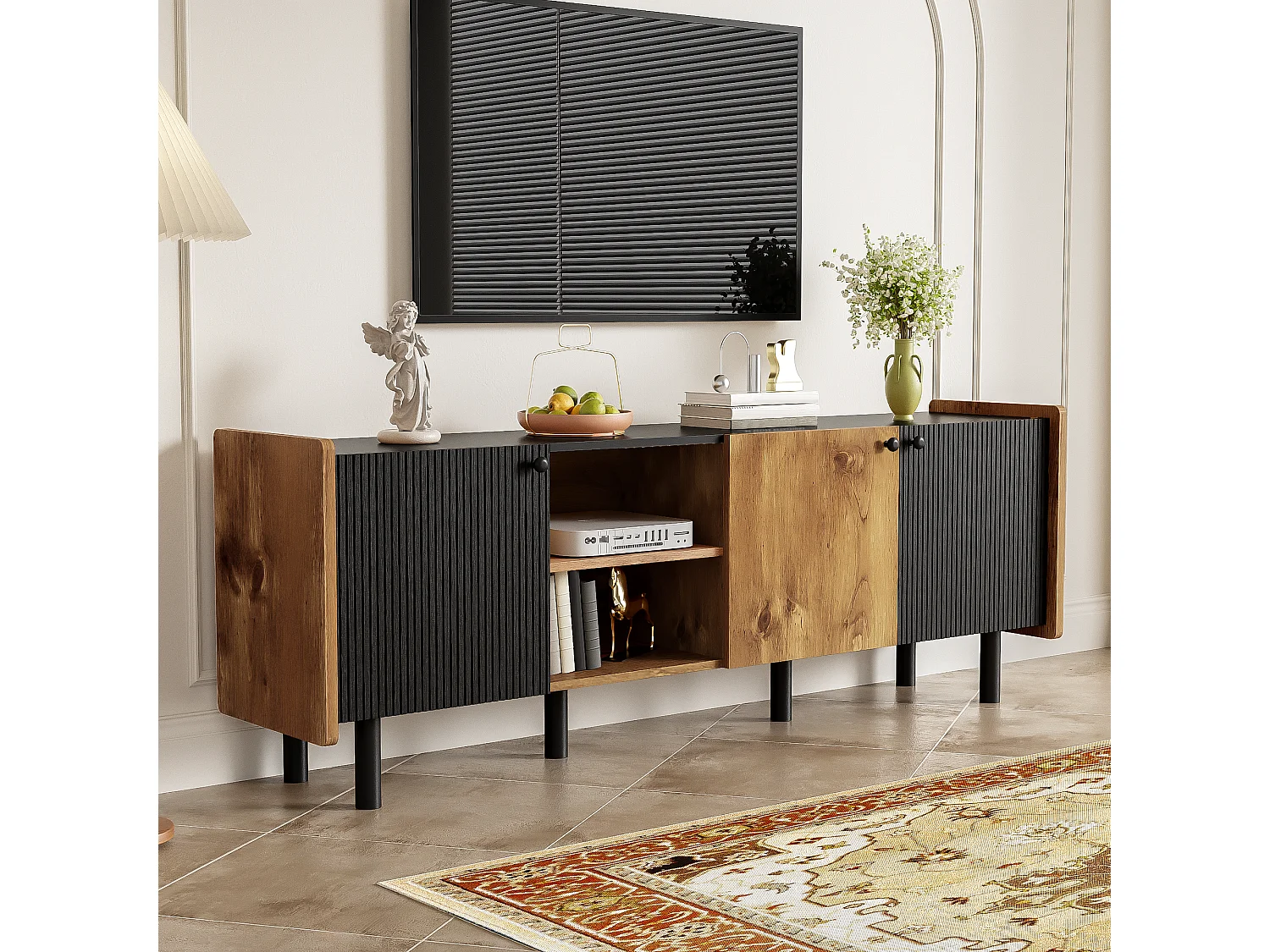 Meuble TV 160 cm avec 3 portes et 2 compartiments ouverts - Panneaux de particules et MDF - Style Moderne - Noir et bois