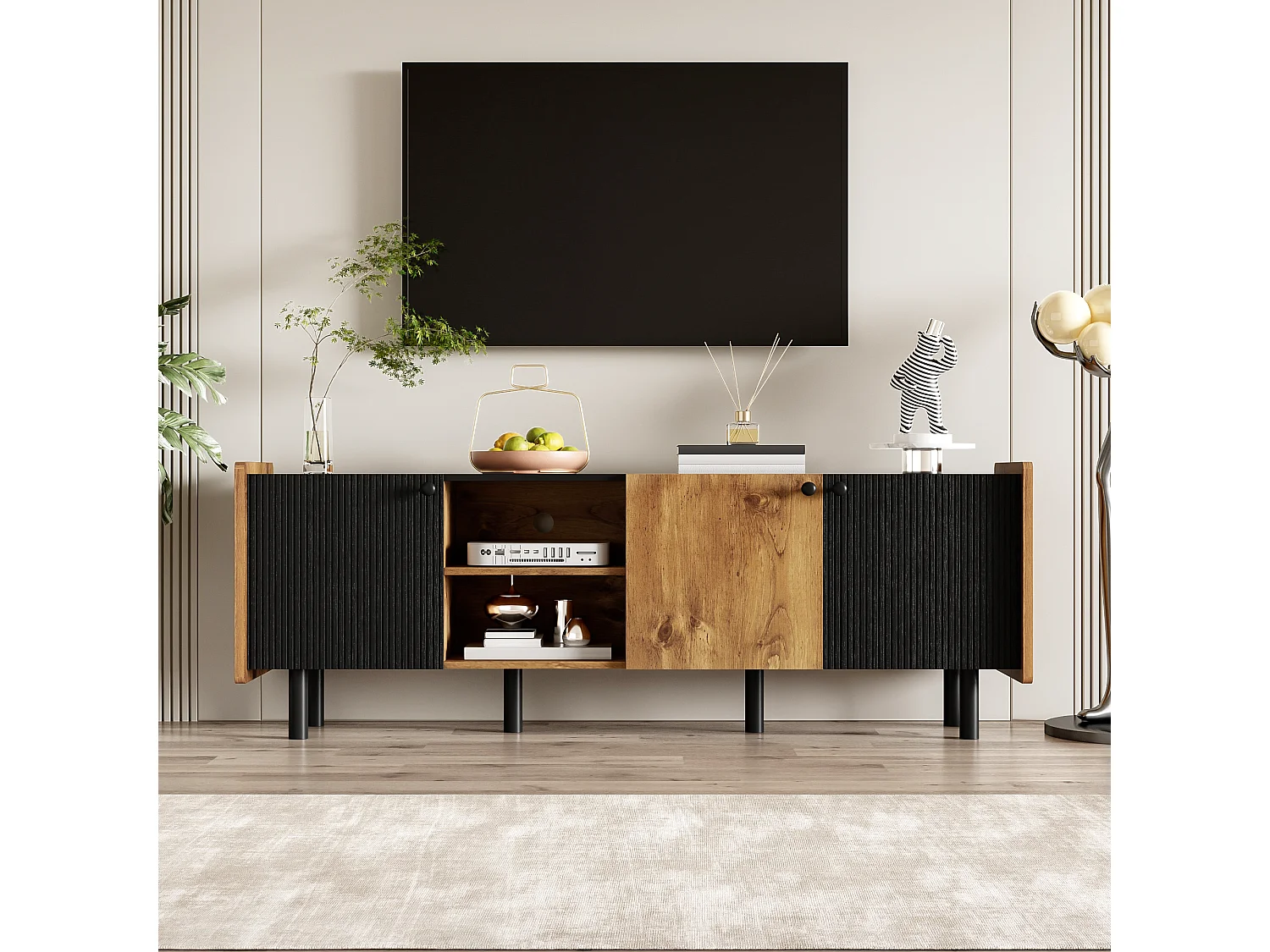 Meuble TV 160 cm avec 3 portes et 2 compartiments ouverts - Panneaux de particules et MDF - Style Moderne - Noir et bois