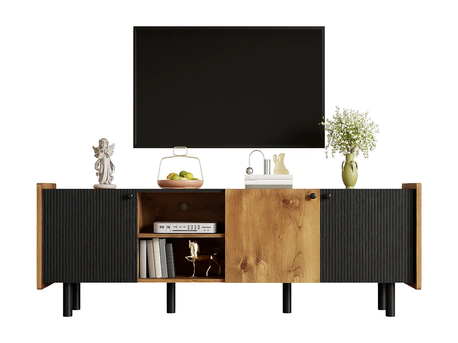 Meuble TV 160 cm avec 3 portes et 2 compartiments ouverts - Panneaux de particules et MDF - Style Moderne - Noir et bois