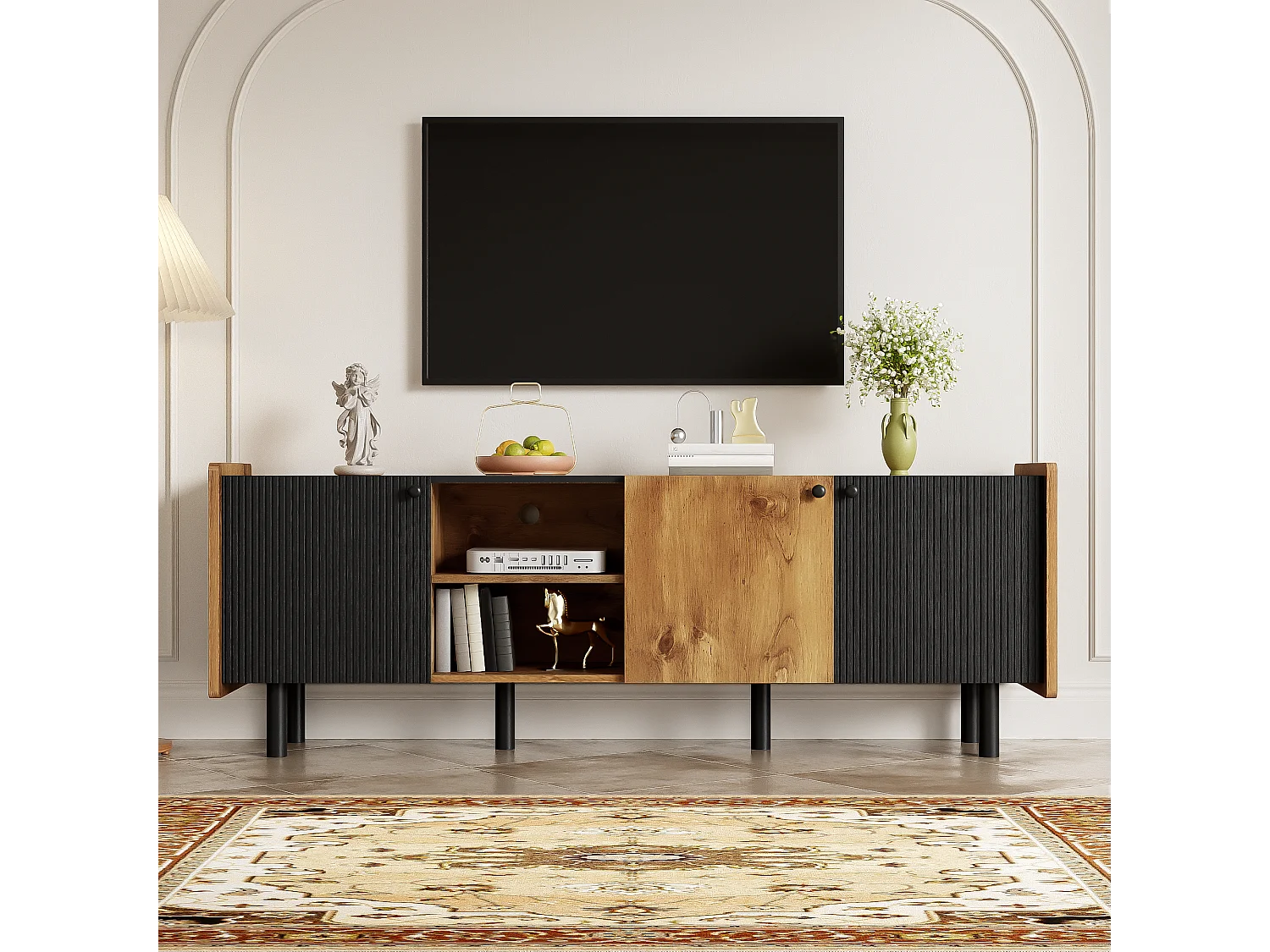 Meuble TV 160 cm avec 3 portes et 2 compartiments ouverts - Panneaux de particules et MDF - Style Moderne - Noir et bois