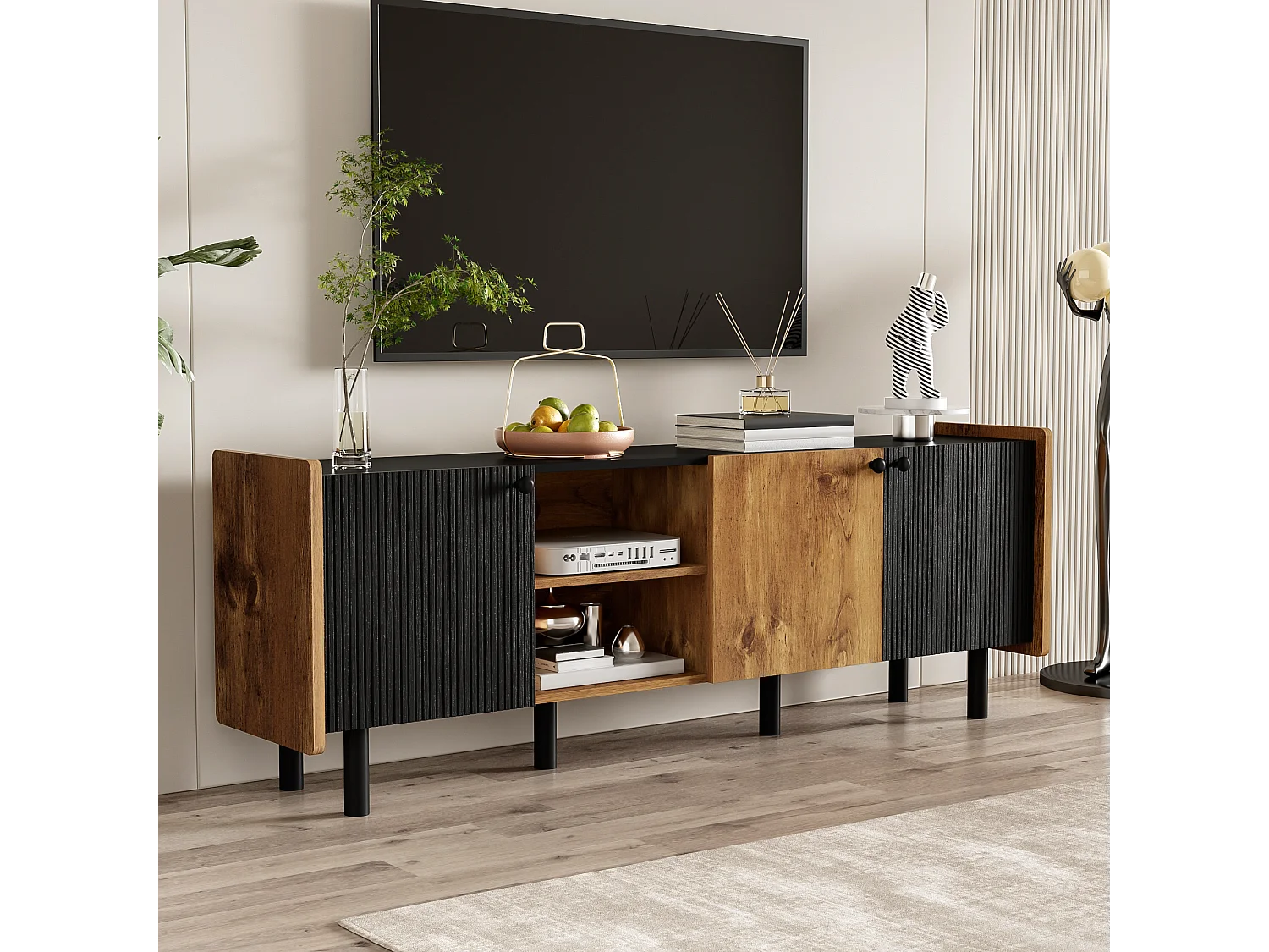Meuble TV 160 cm avec 3 portes et 2 compartiments ouverts - Panneaux de particules et MDF - Style Moderne - Noir et bois