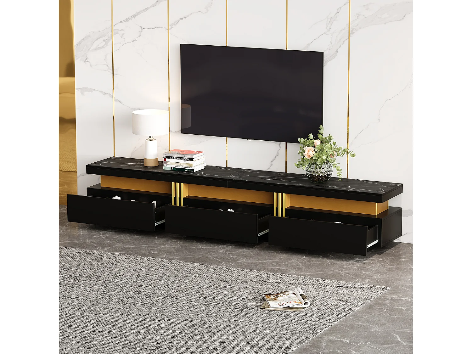 Meuble TV avec 3 tiroirs - 200 x 40 x 42 cm - Panneau de particules - Aspect marbre - Noir