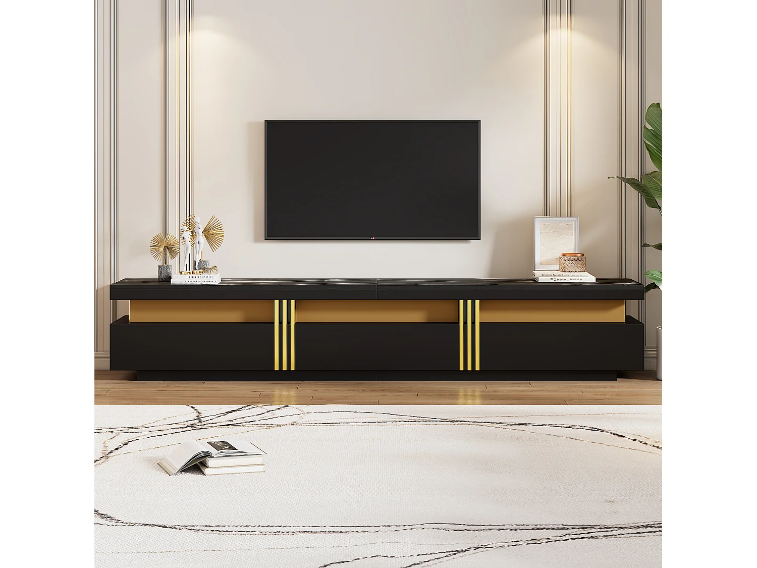 Meuble TV avec 3 tiroirs - 200 x 40 x 42 cm - Panneau de particules - Aspect marbre - Noir
