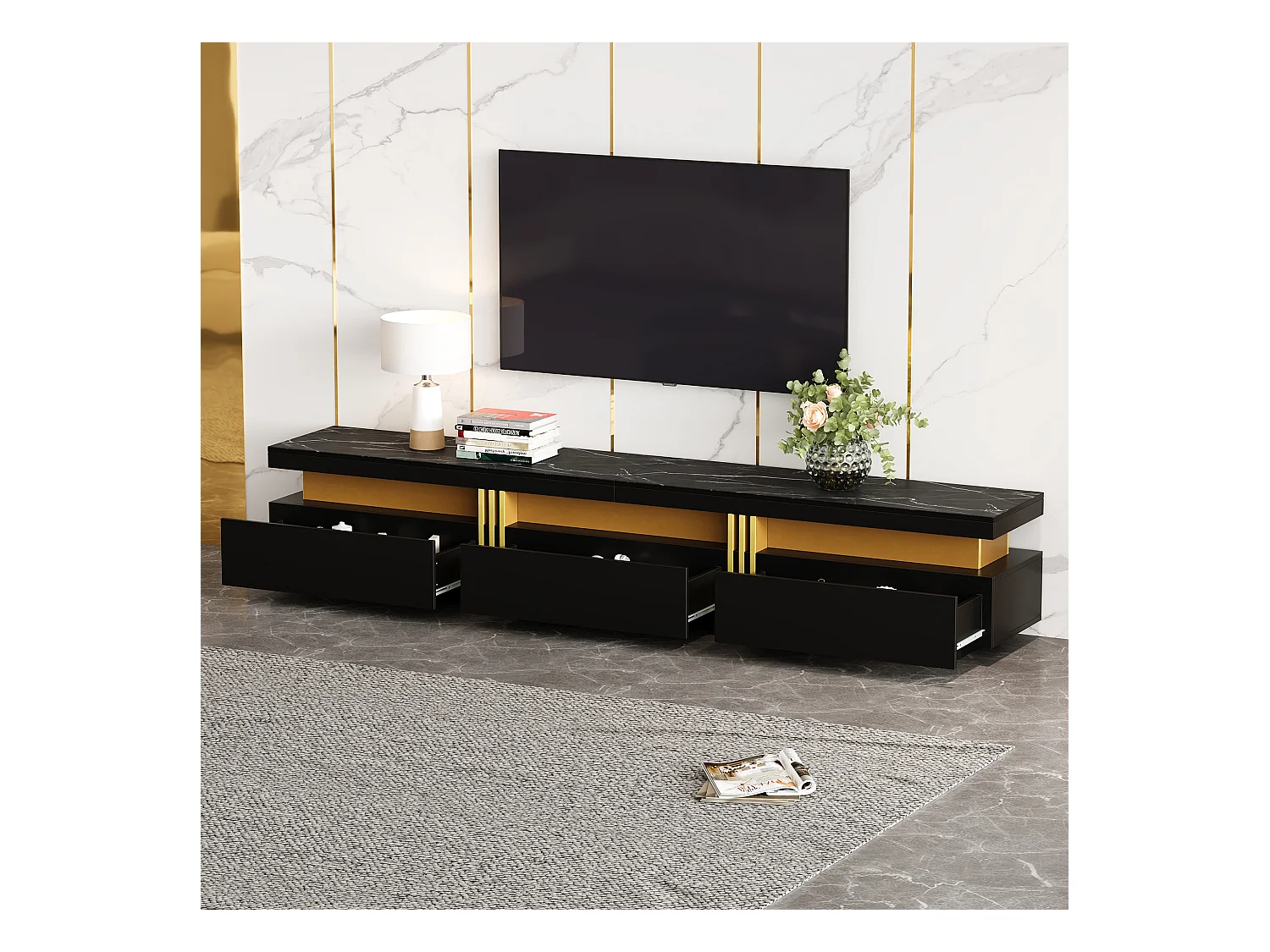Meuble TV avec 3 tiroirs - 200 x 40 x 42 cm - Panneau de particules - Aspect marbre - Noir