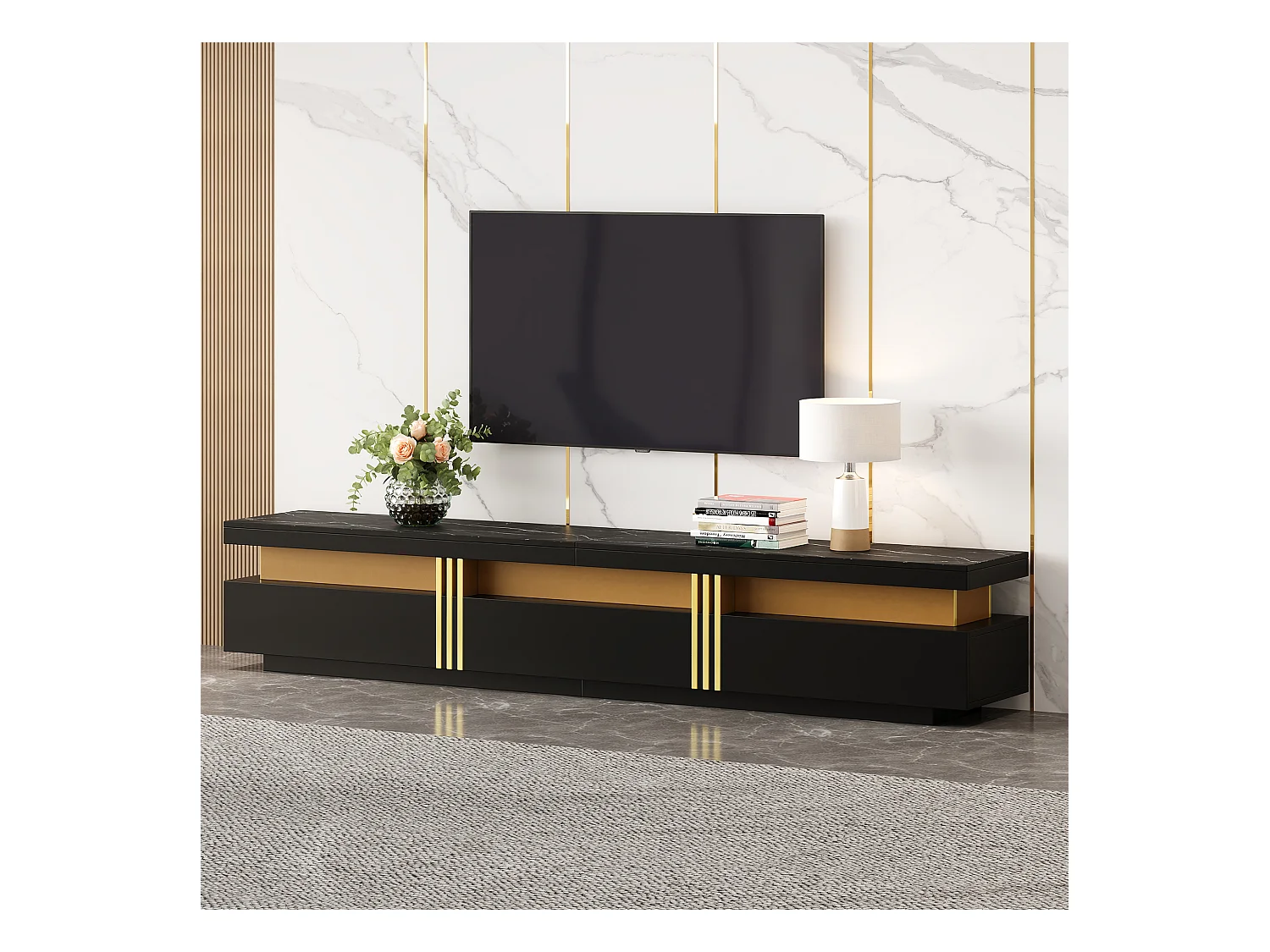 Meuble TV avec 3 tiroirs - 200 x 40 x 42 cm - Panneau de particules - Aspect marbre - Noir
