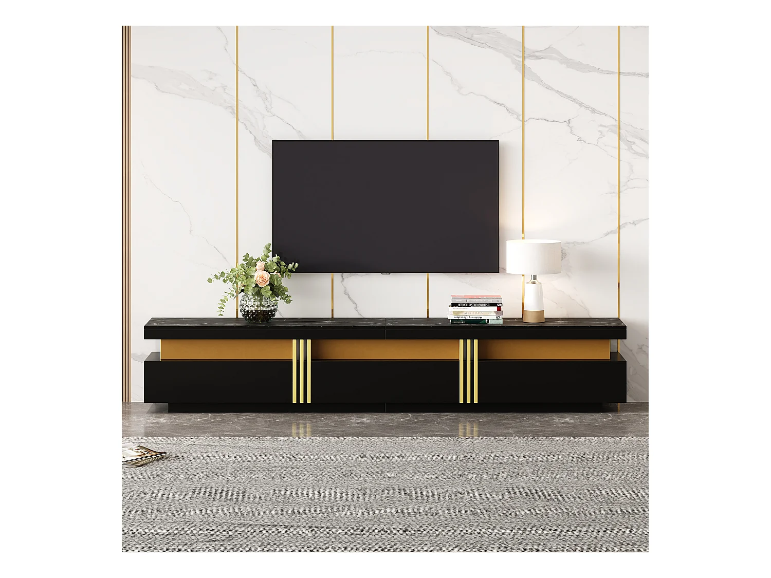 Meuble TV avec 3 tiroirs - 200 x 40 x 42 cm - Panneau de particules - Aspect marbre - Noir