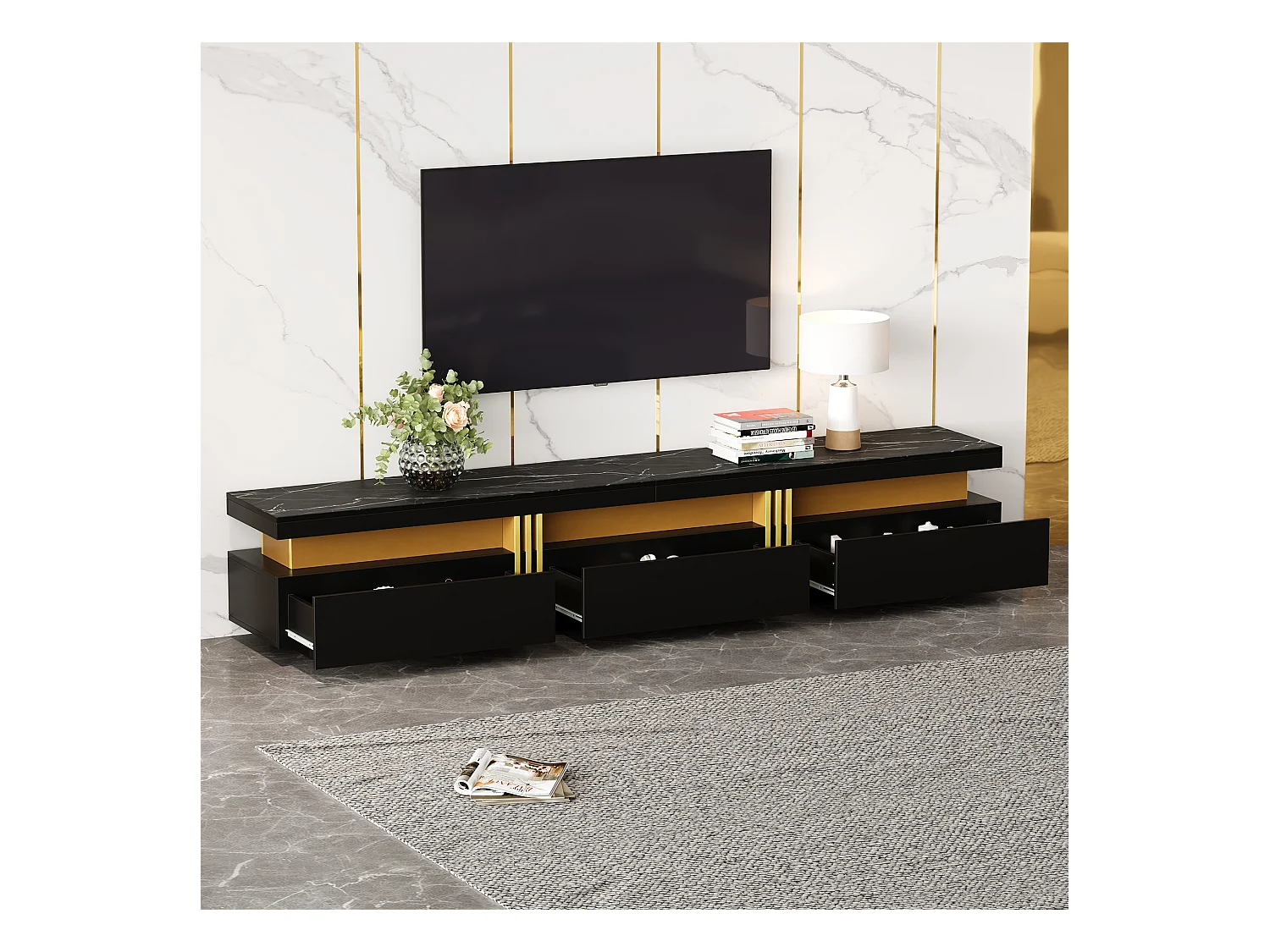 Meuble TV avec 3 tiroirs - 200 x 40 x 42 cm - Panneau de particules - Aspect marbre - Noir