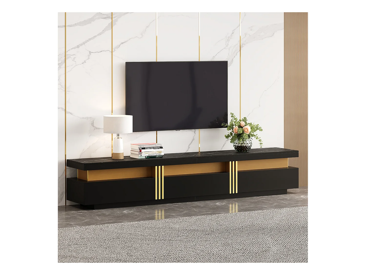Meuble TV avec 3 tiroirs - 200 x 40 x 42 cm - Panneau de particules - Aspect marbre - Noir