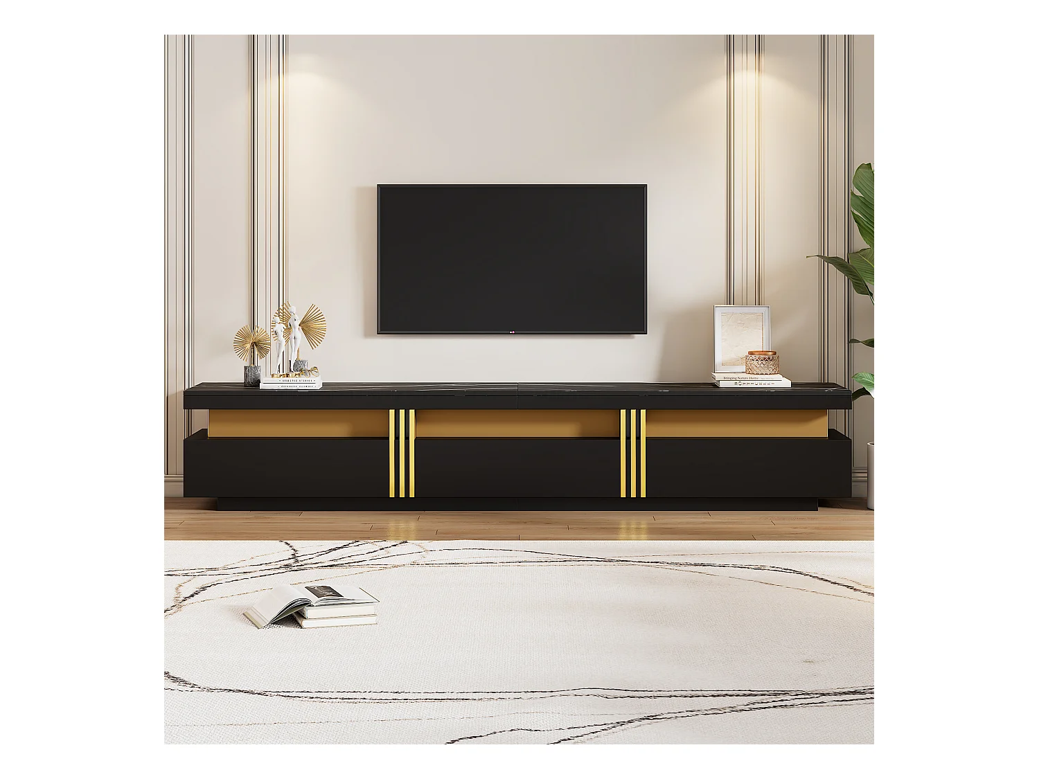 Meuble TV avec 3 tiroirs - 200 x 40 x 42 cm - Panneau de particules - Aspect marbre - Noir