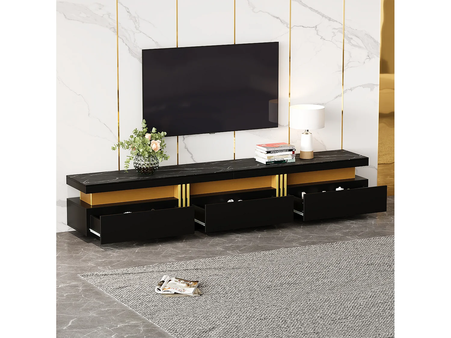 Meuble TV avec 3 tiroirs - 200 x 40 x 42 cm - Panneau de particules - Aspect marbre - Noir