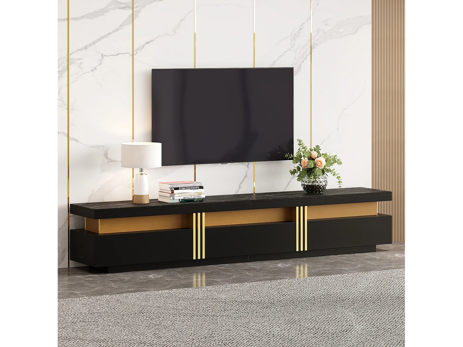 Meuble TV avec 3 tiroirs - 200 x 40 x 42 cm - Panneau de particules - Aspect marbre - Noir