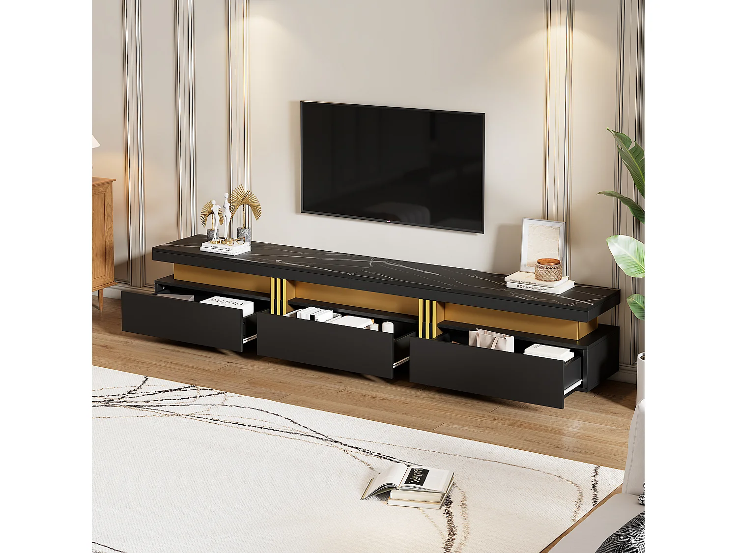 Meuble TV avec 3 tiroirs - 200 x 40 x 42 cm - Panneau de particules - Aspect marbre - Noir