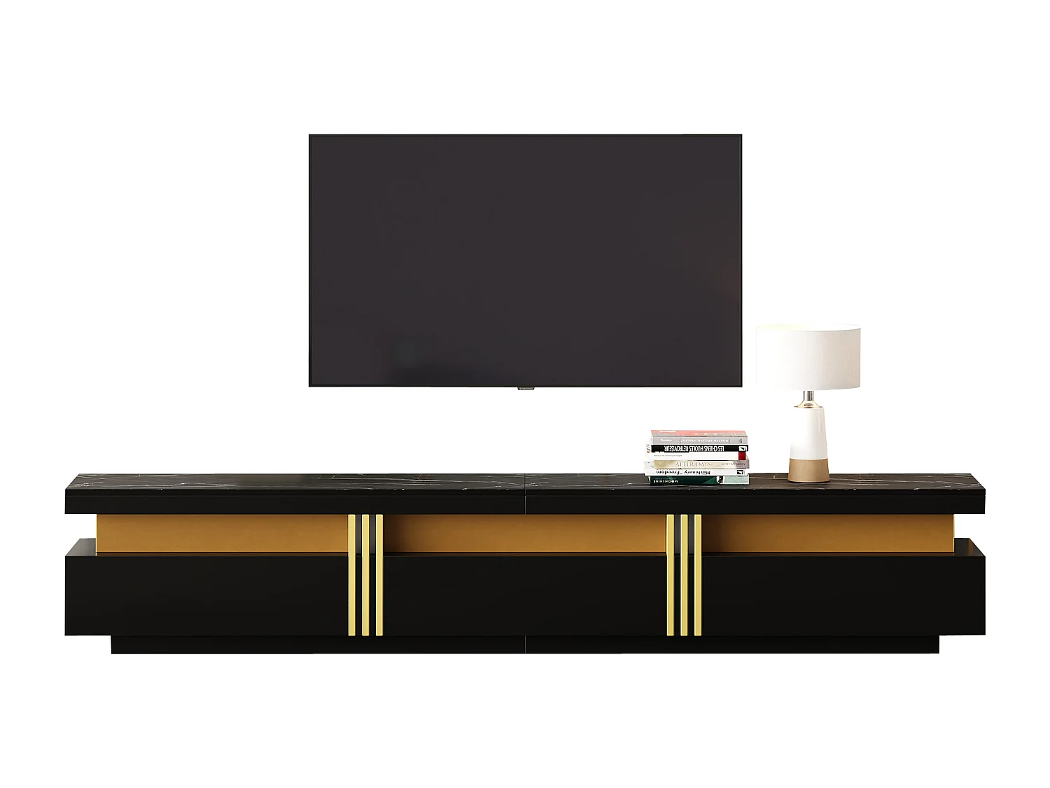 Meuble TV avec 3 tiroirs - 200 x 40 x 42 cm - Panneau de particules - Aspect marbre - Noir