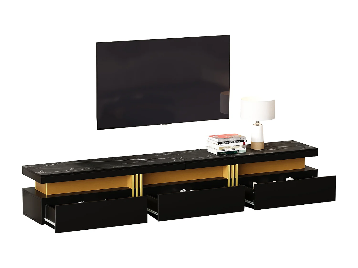 Meuble TV avec 3 tiroirs - 200 x 40 x 42 cm - Panneau de particules - Aspect marbre - Noir