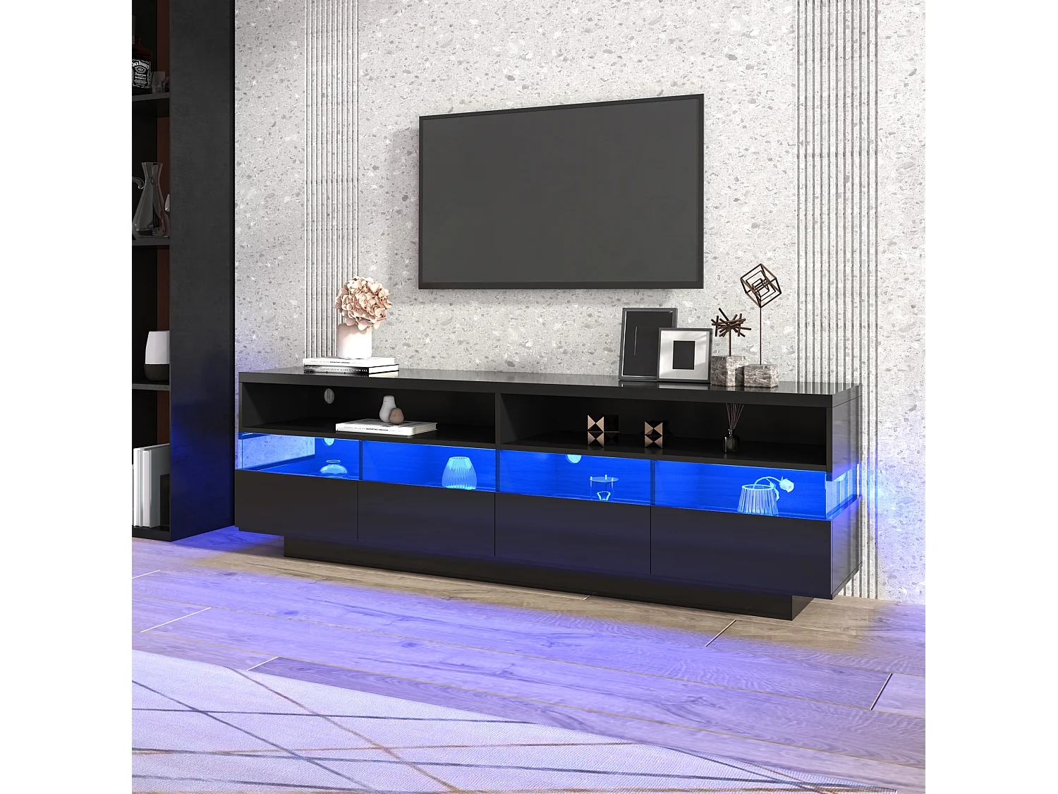 Hoogglans TV-meubel met 4 lades en 2 vakken - 173,5x55x38 cm - LED's - Spaanplaat - Zwart