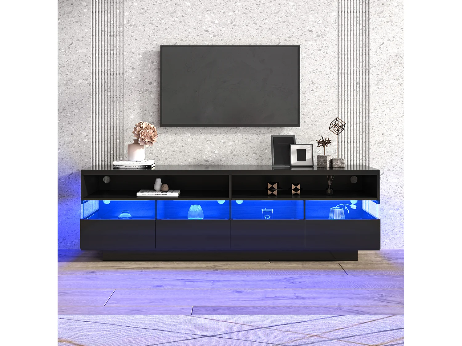 Hoogglans TV-meubel met 4 lades en 2 vakken - 173,5x55x38 cm - LED's - Spaanplaat - Zwart