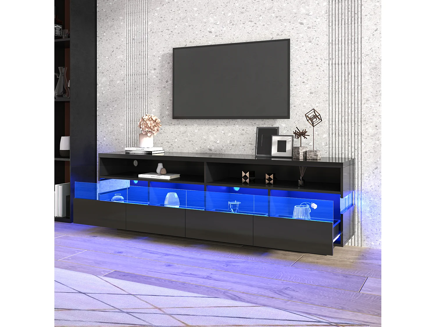 Hoogglans TV-meubel met 4 lades en 2 vakken - 173,5x55x38 cm - LED's - Spaanplaat - Zwart