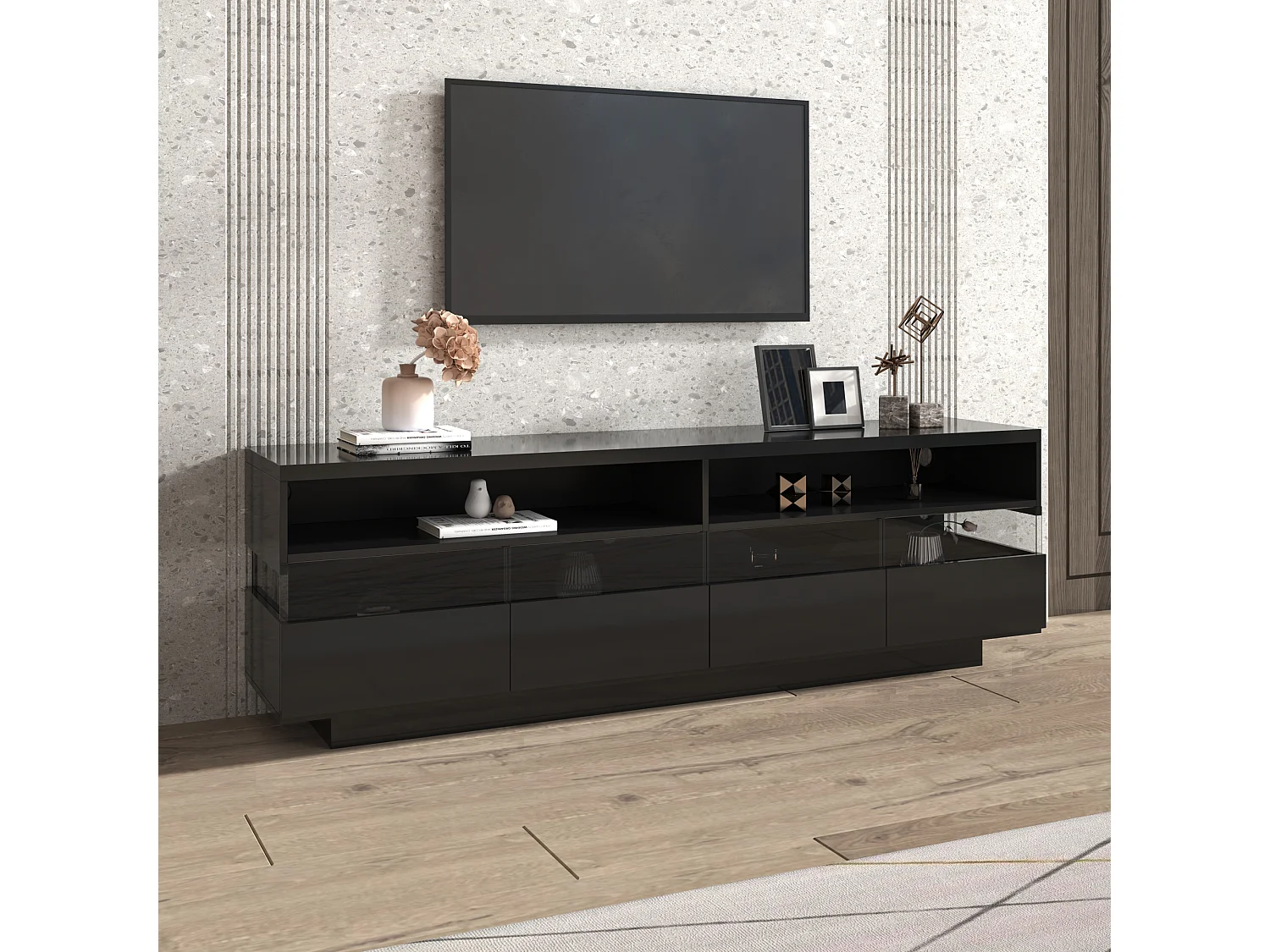 Hoogglans TV-meubel met 4 lades en 2 vakken - 173,5x55x38 cm - LED's - Spaanplaat - Zwart