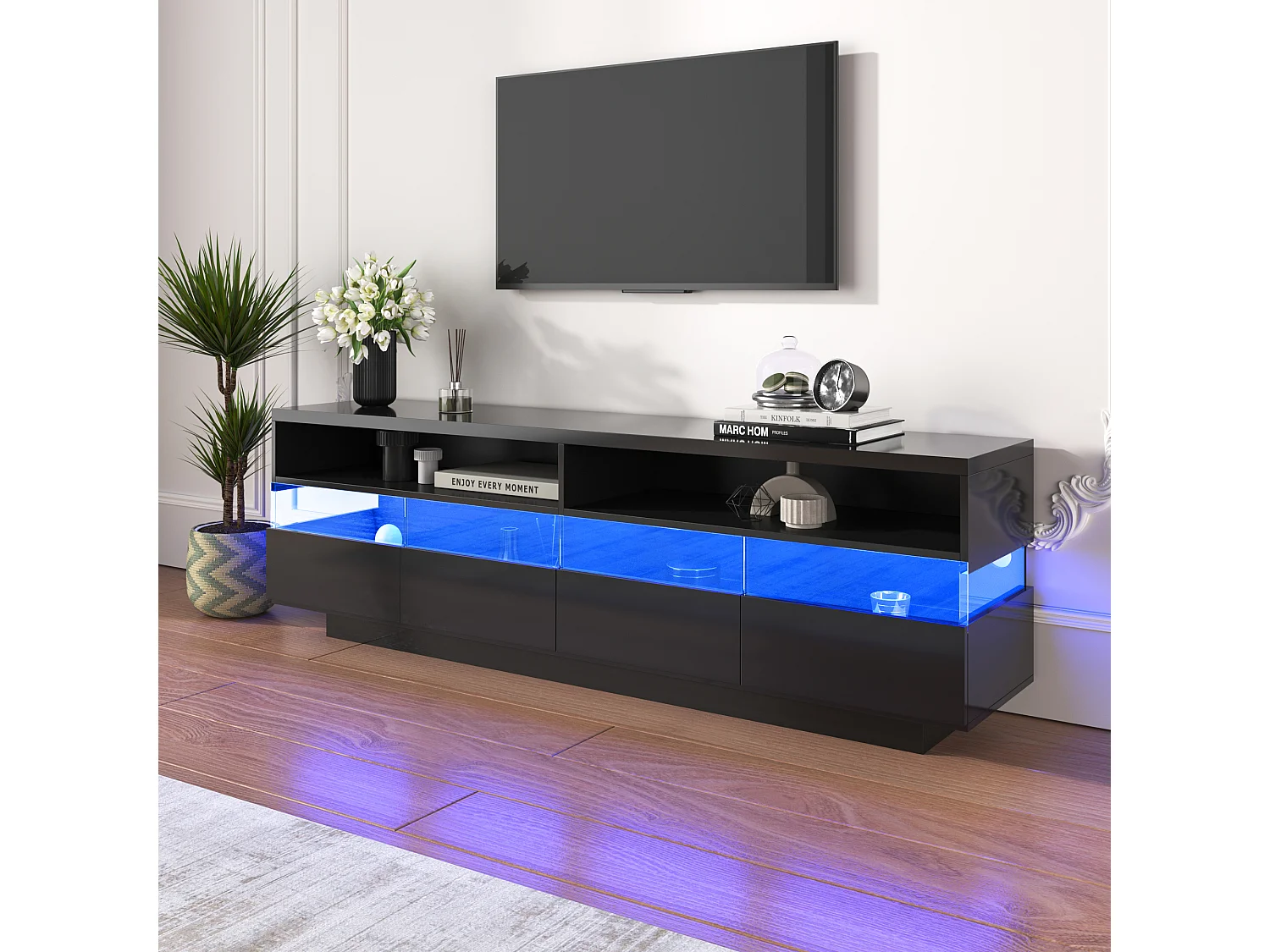 Hoogglans TV-meubel met 4 lades en 2 vakken - 173,5x55x38 cm - LED's - Spaanplaat - Zwart