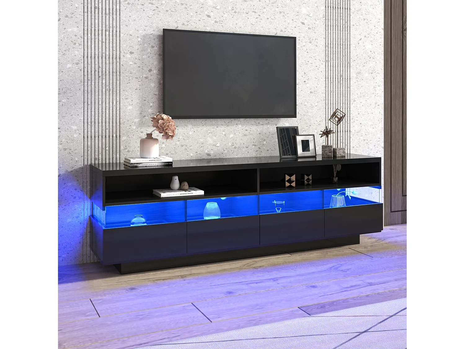 Hoogglans TV-meubel met 4 lades en 2 vakken - 173,5x55x38 cm - LED's - Spaanplaat - Zwart