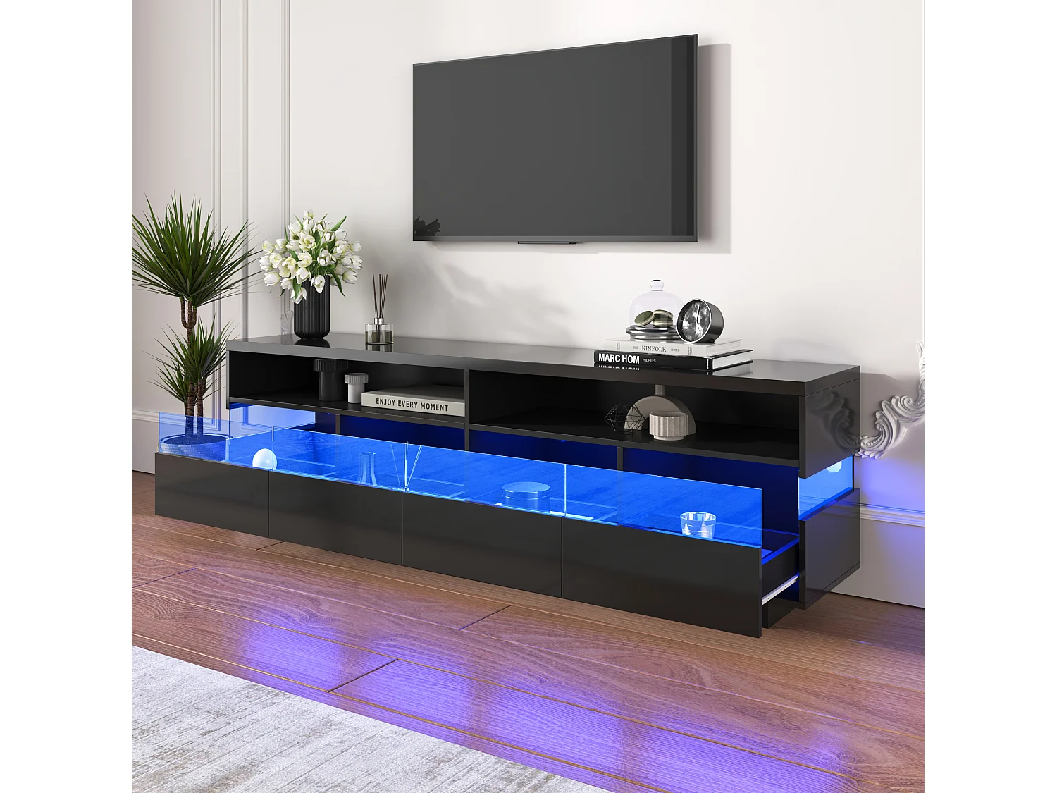 Hoogglans TV-meubel met 4 lades en 2 vakken - 173,5x55x38 cm - LED's - Spaanplaat - Zwart