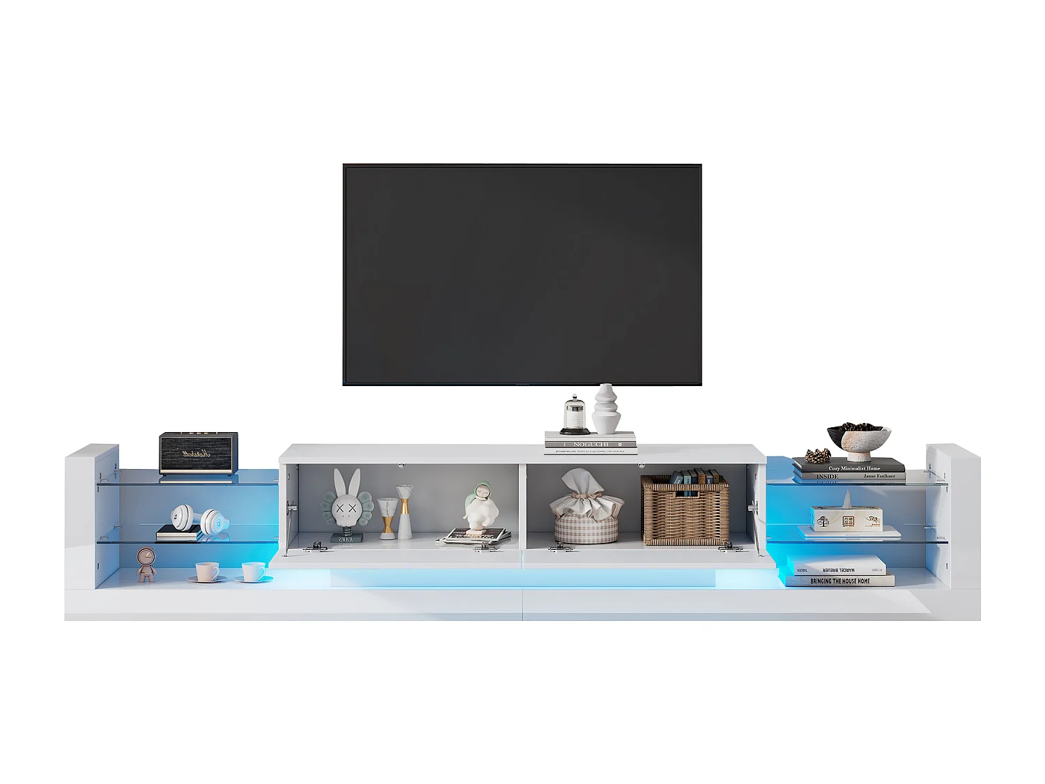 TV-Schrank mit 2 Klappschubladen – 181 x 38 x 38 cm – LEDs – Spanplatte – glänzend weiß