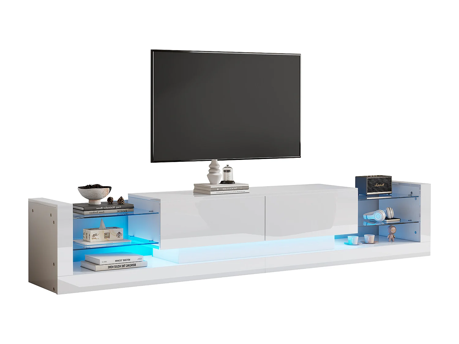 TV-Schrank mit 2 Klappschubladen – 181 x 38 x 38 cm – LEDs – Spanplatte – glänzend weiß