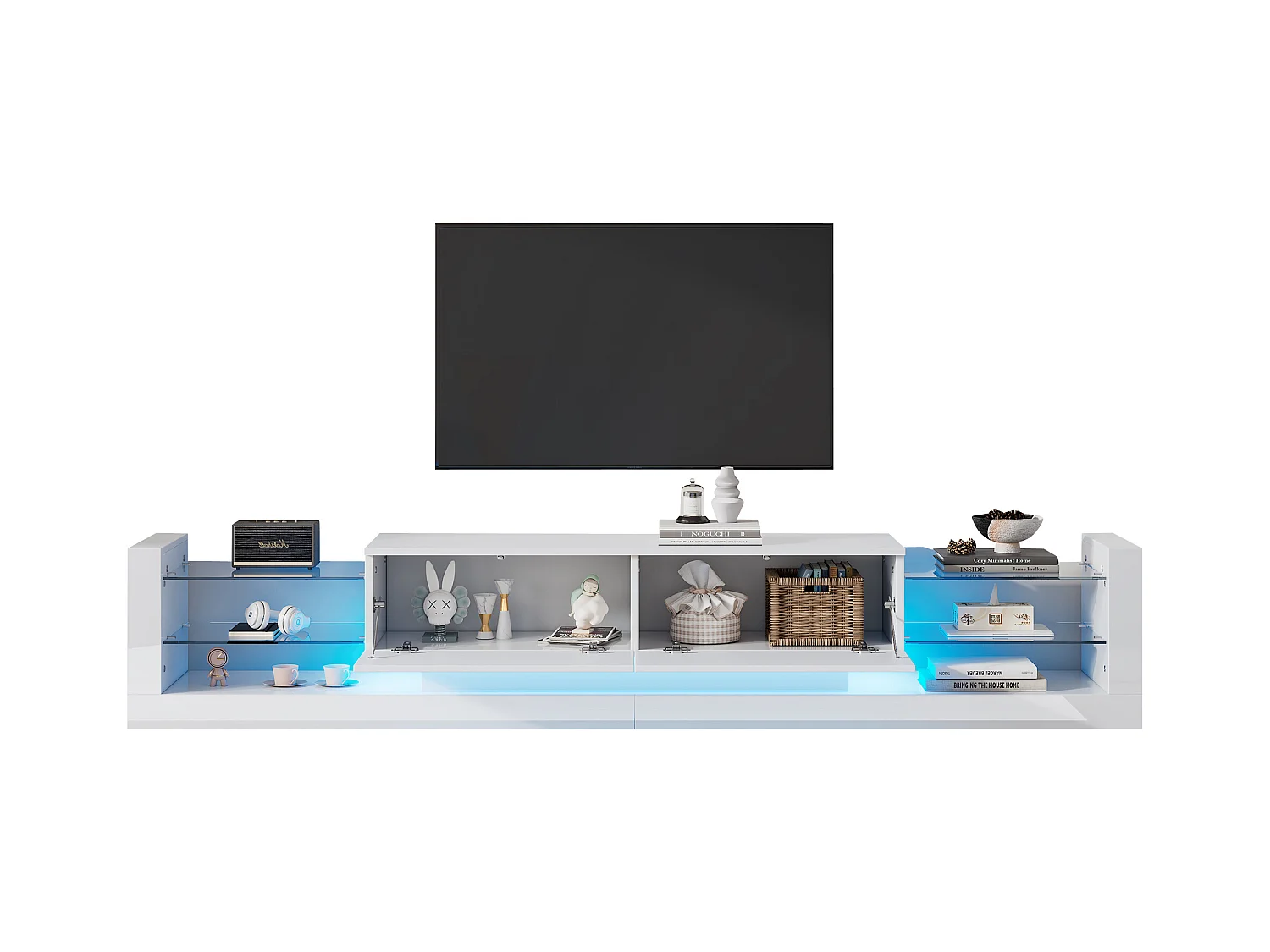 Meuble TV avec 2 tiroirs rabattables - 181 x 38 x 38 cm - LEDs - Panneaux de particules - Blanc brillant