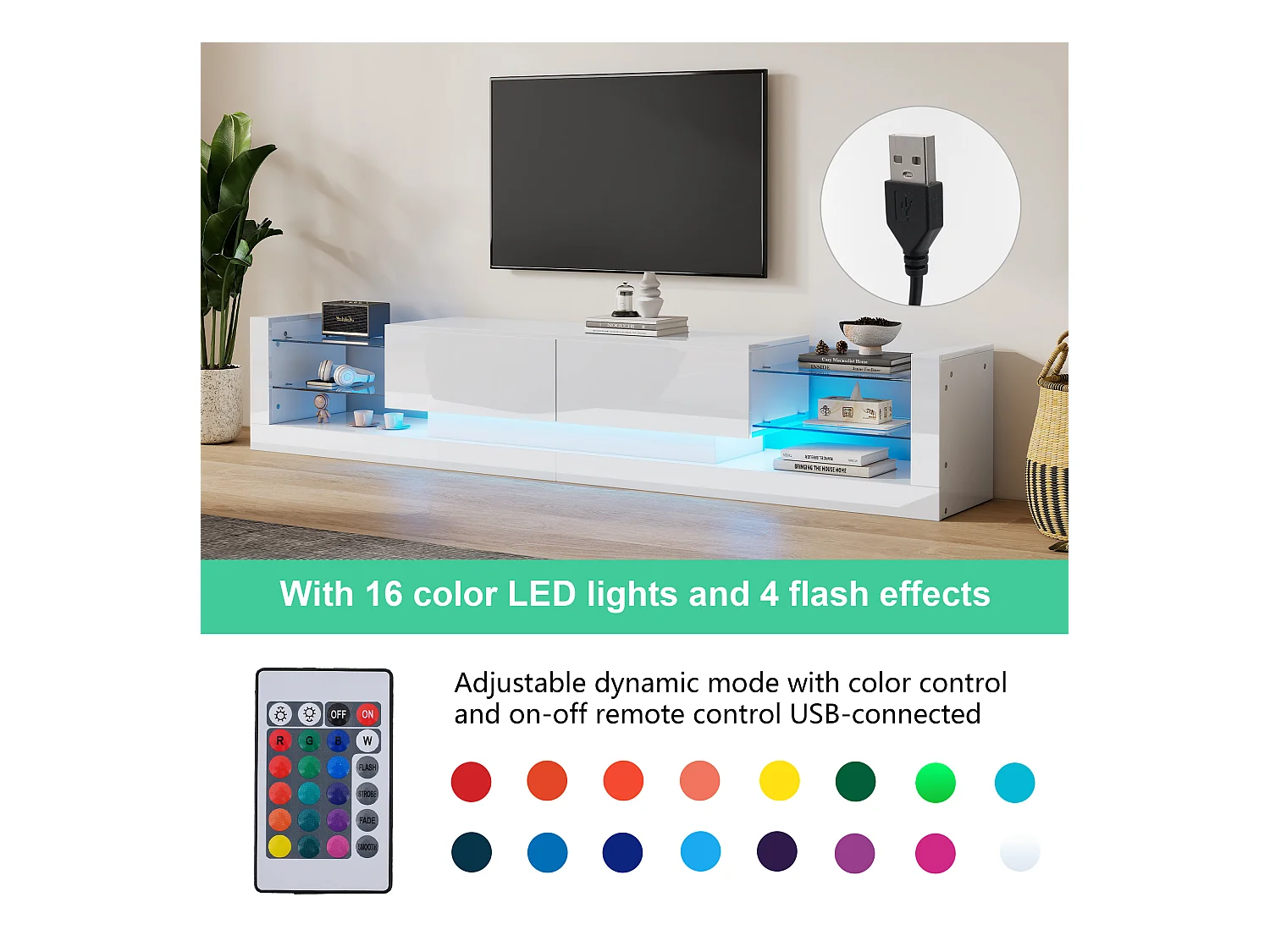 Meuble TV avec 2 tiroirs rabattables - 181 x 38 x 38 cm - LEDs - Panneaux de particules - Blanc brillant