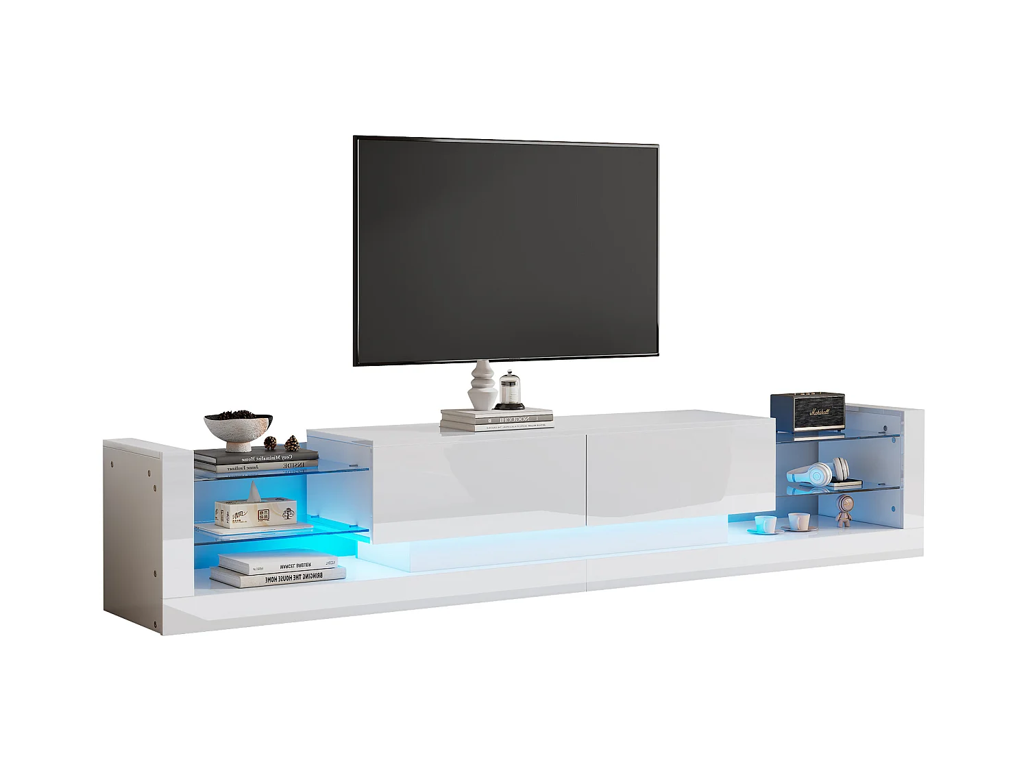 Meuble TV avec 2 tiroirs rabattables - 181 x 38 x 38 cm - LEDs - Panneaux de particules - Blanc brillant
