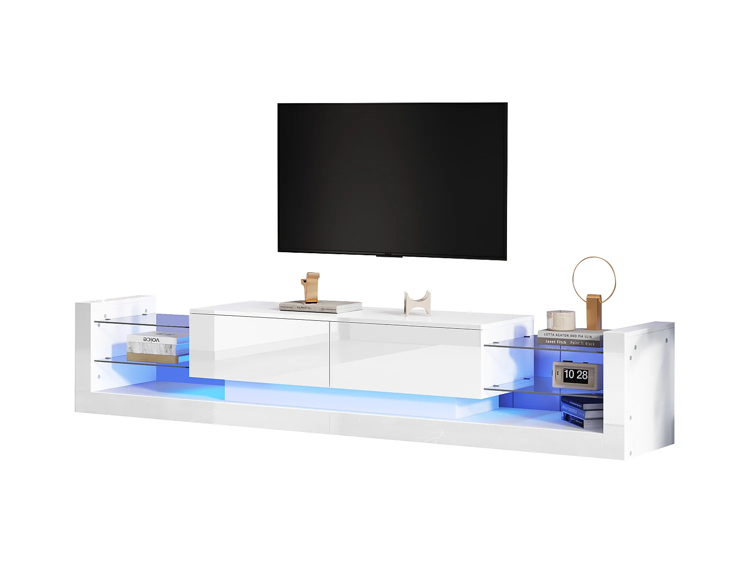 Meuble TV avec 2 tiroirs rabattables - 181 x 38 x 38 cm - LEDs - Panneaux de particules - Blanc brillant