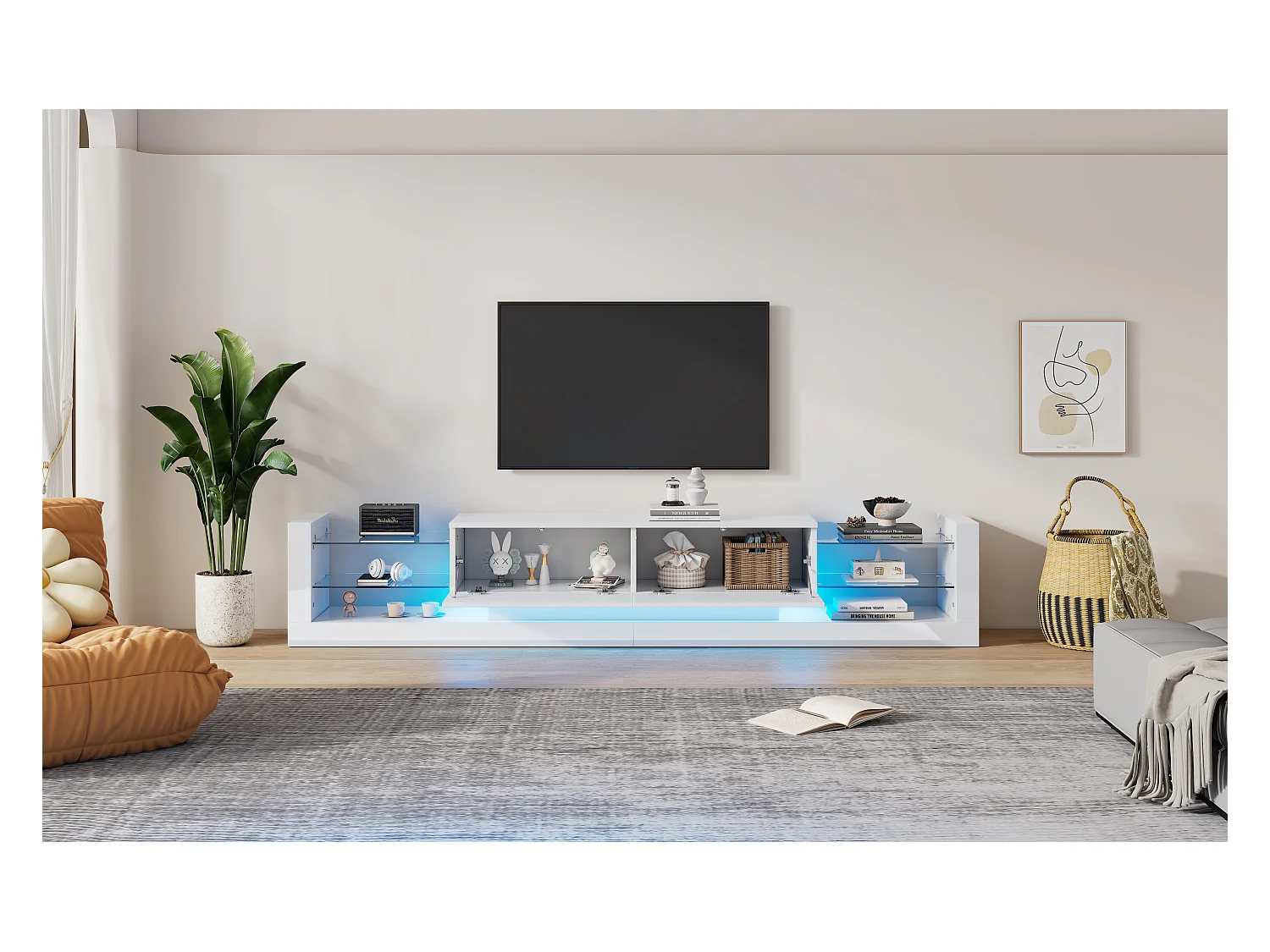 Meuble TV avec 2 tiroirs rabattables - 181 x 38 x 38 cm - LEDs - Panneaux de particules - Blanc brillant