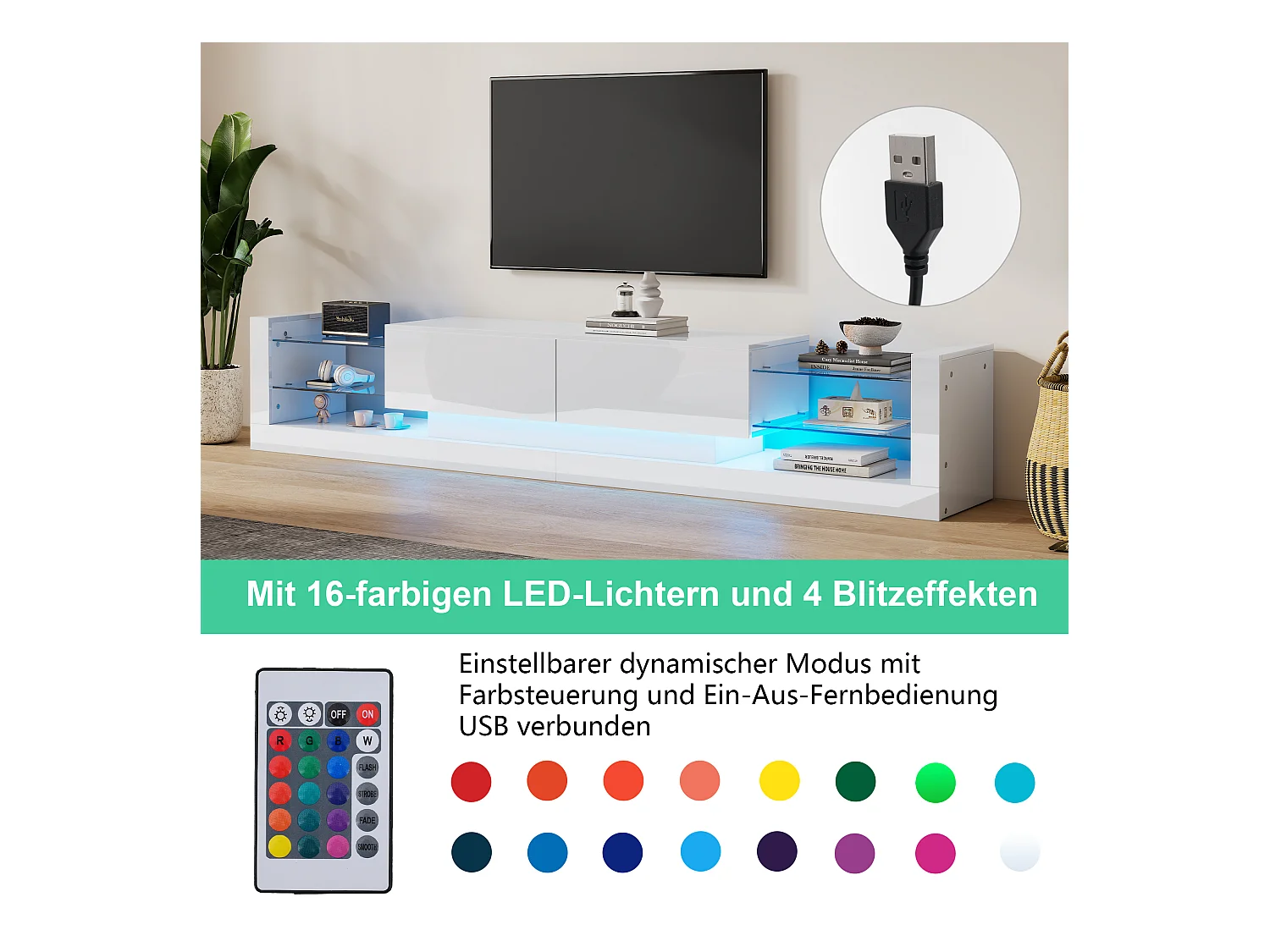 Meuble TV avec 2 tiroirs rabattables - 181 x 38 x 38 cm - LEDs - Panneaux de particules - Blanc brillant