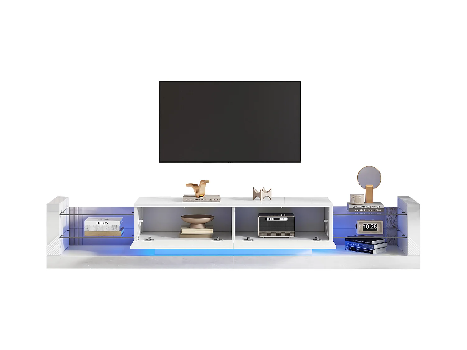 Meuble TV avec 2 tiroirs rabattables - 181 x 38 x 38 cm - LEDs - Panneaux de particules - Blanc brillant