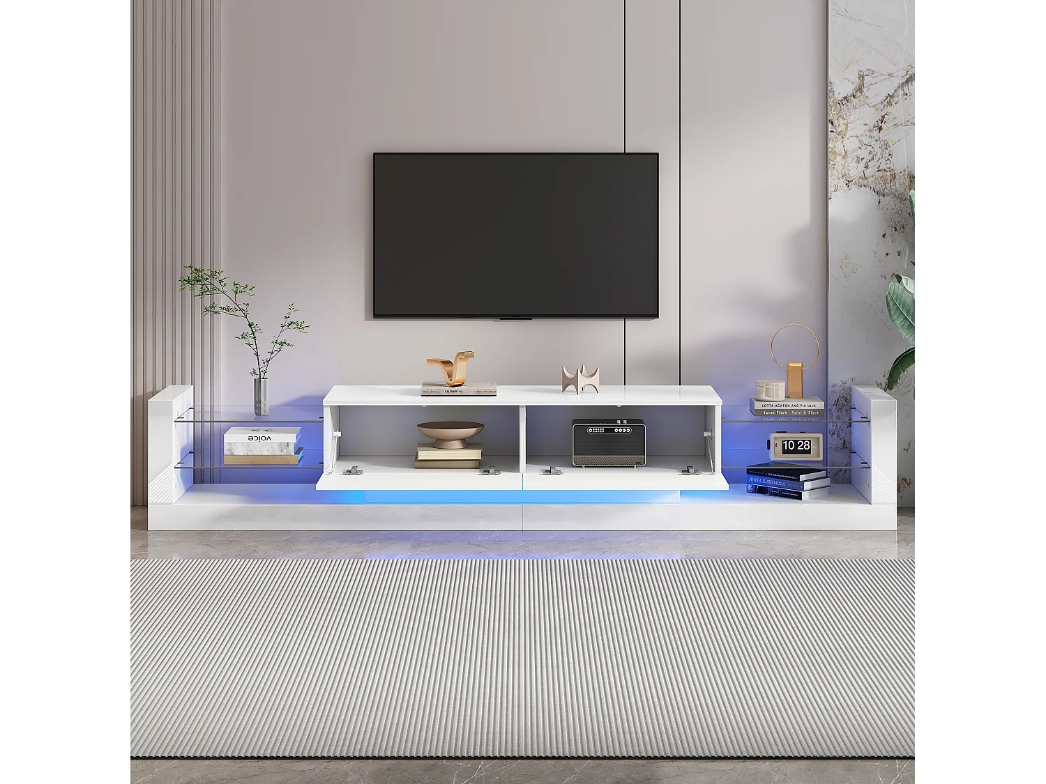 Meuble TV avec 2 tiroirs rabattables - 181 x 38 x 38 cm - LEDs - Panneaux de particules - Blanc brillant
