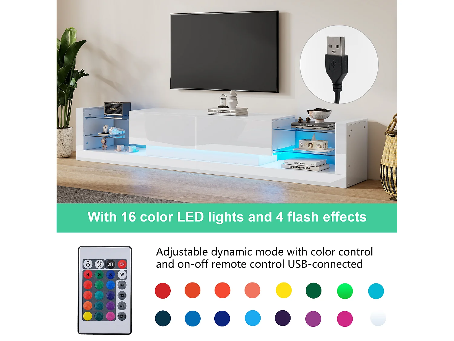 Meuble TV avec 2 tiroirs rabattables - 181 x 38 x 38 cm - LEDs - Panneaux de particules - Blanc brillant