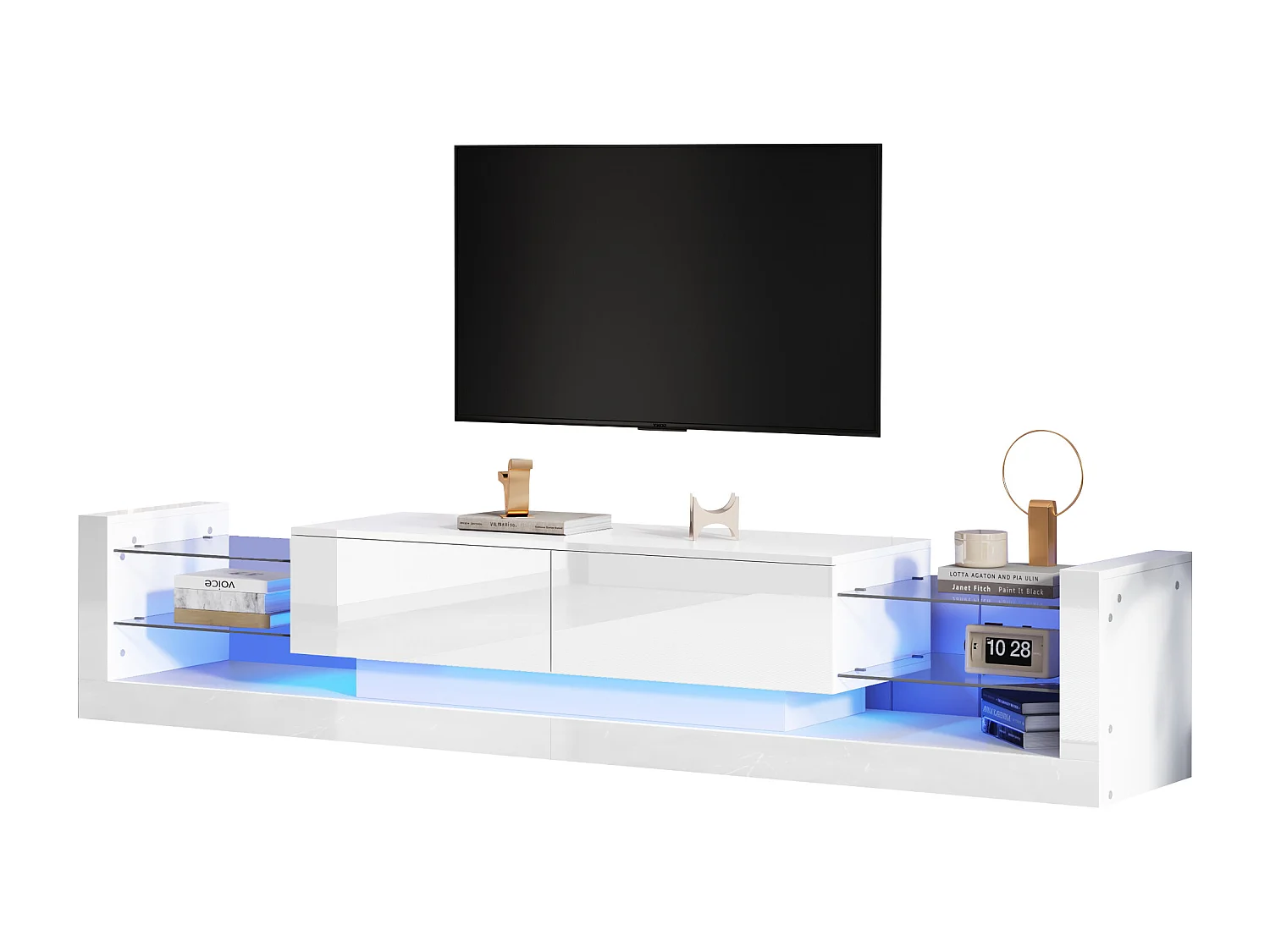 Meuble TV avec 2 tiroirs rabattables - 181 x 38 x 38 cm - LEDs - Panneaux de particules - Blanc brillant