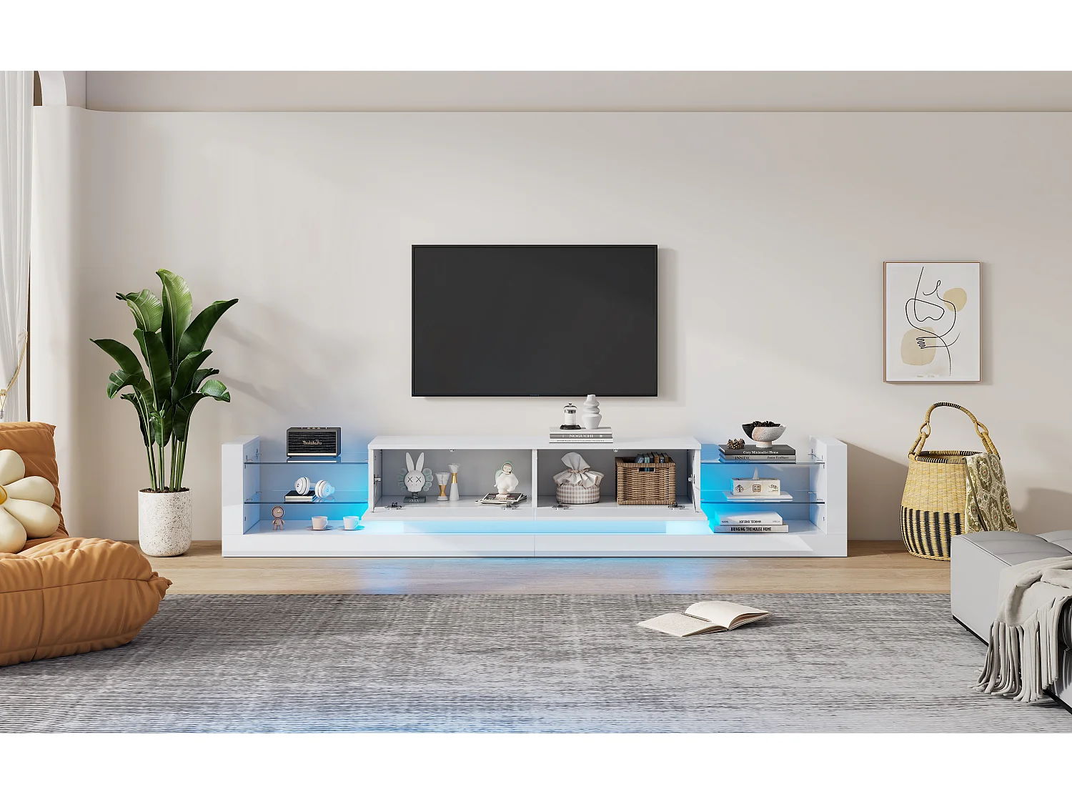 Meuble TV avec 2 tiroirs rabattables - 181 x 38 x 38 cm - LEDs - Panneaux de particules - Blanc brillant