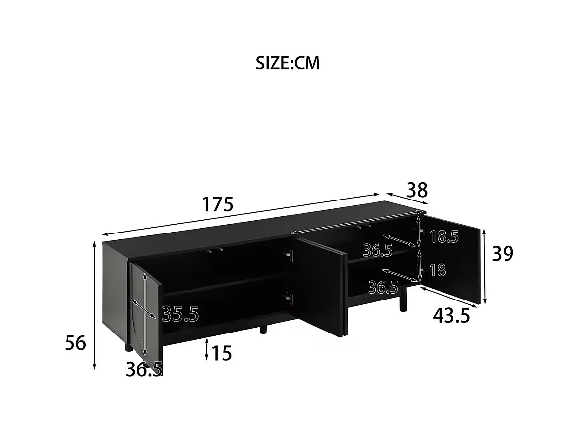 Meuble TV avec 4 portes - 175 x 38 x 56 cm - MDF et panneaux de particules -  pour salon - Noir
