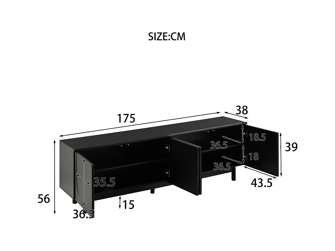 Meuble TV avec 4 portes - 175 x 38 x 56 cm - MDF et panneaux de particules -  pour salon - Noir