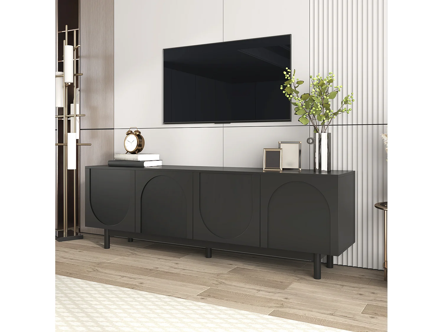 Meuble TV avec 4 portes - 175 x 38 x 56 cm - MDF et panneaux de particules -  pour salon - Noir