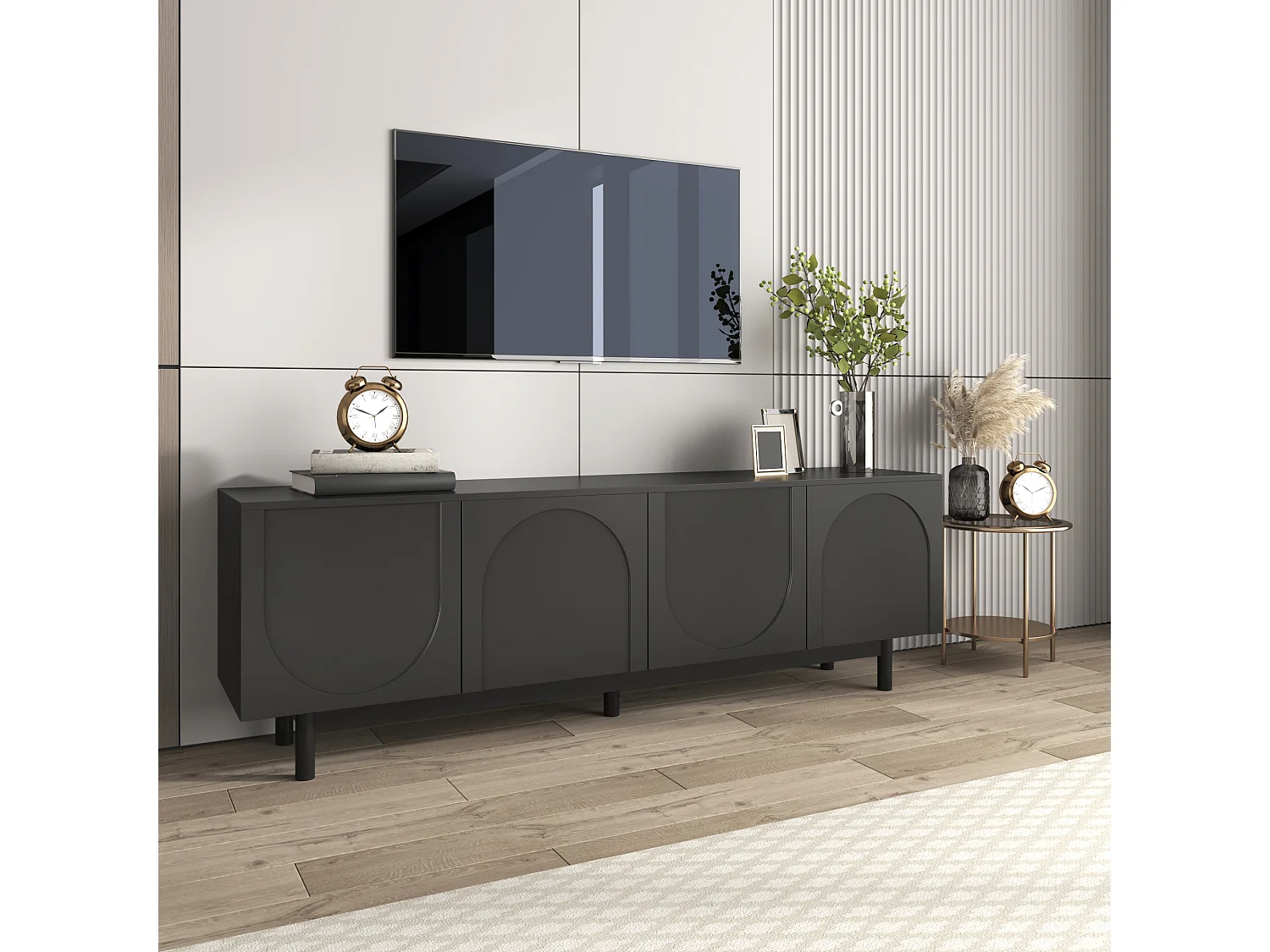 Meuble TV avec 4 portes - 175 x 38 x 56 cm - MDF et panneaux de particules -  pour salon - Noir