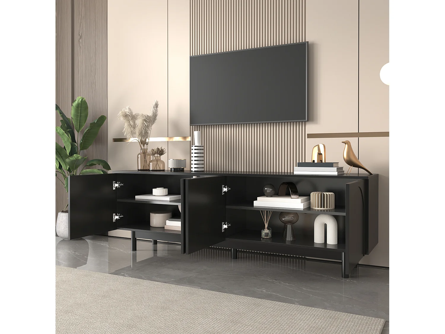Meuble TV avec 4 portes - 175 x 38 x 56 cm - MDF et panneaux de particules -  pour salon - Noir