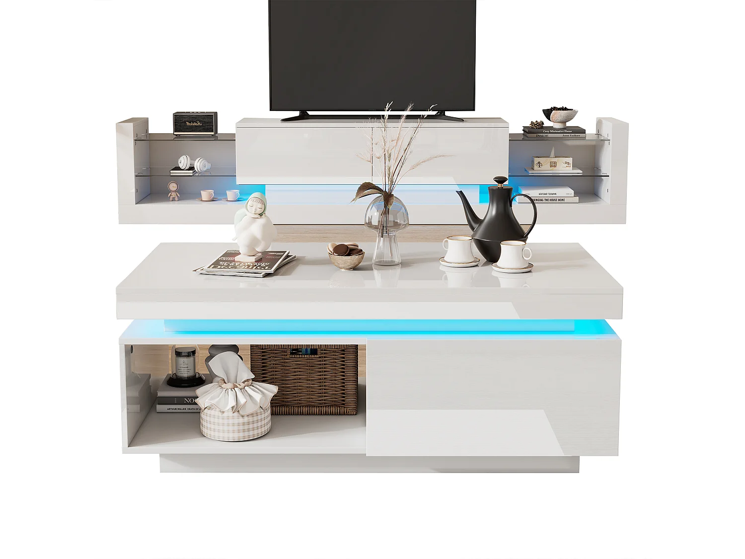 TV-Schrank-Set: 181 x 38 x 38 cm + Couchtisch: 100 x 50 x 40 cm – LEDs – Spanplatte – glänzendes Weiß