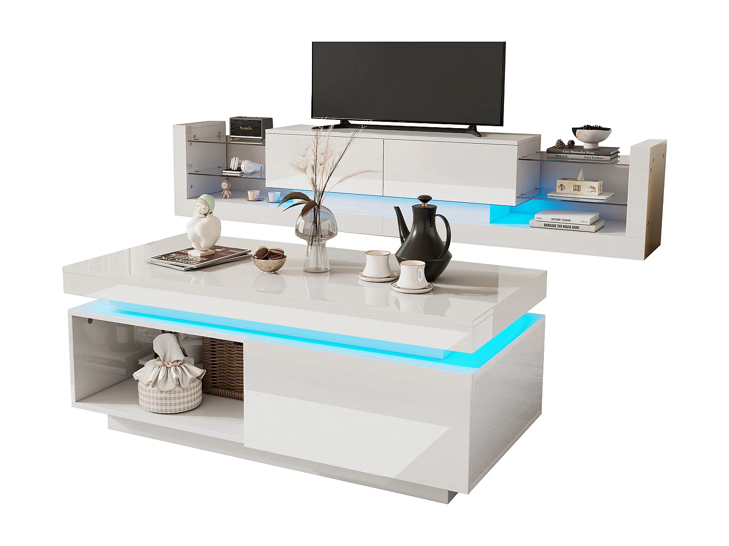 Ensemble meuble TV : 181 x 38 x 38 cm + table basse : 100 x 50 x 40 cm - LEDs - Panneau de particules - Blanc brillant
